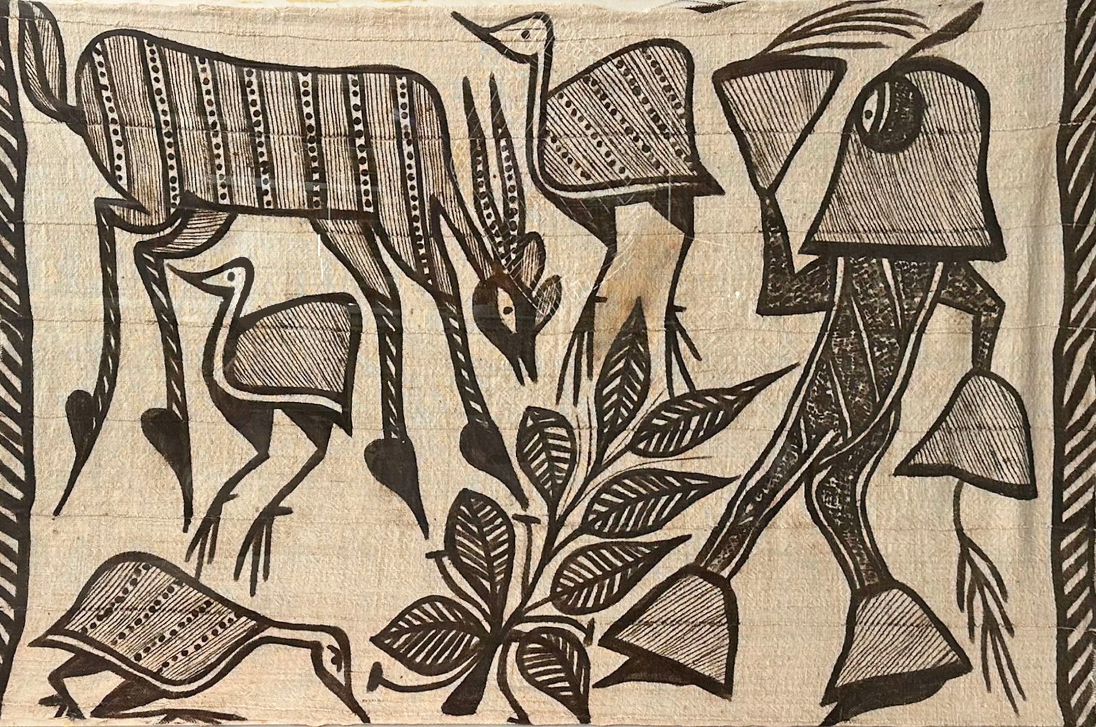 West African 45" x 65" Senufo People Korhogo Mud Cloth Tapestry: Hand painted West African korhogo mud cloth tapestry made by the Senufo people. Measurements: 45.5" H x 65" W x 1.25" D (frame); 32.5" H x 51" W 