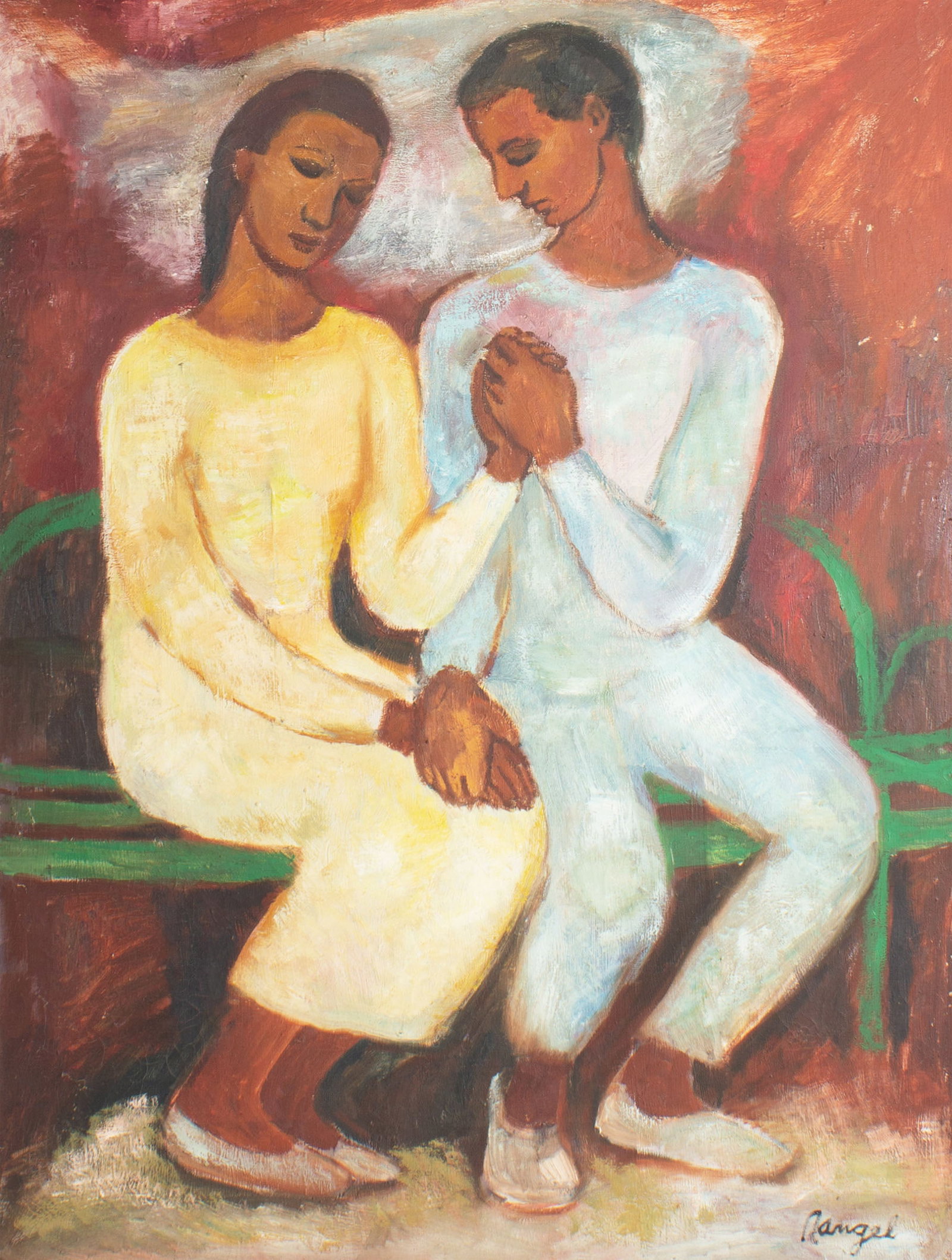Rangel Oil on Canvas Painting: Oil on canvas painting of two seated figures. Signed "Rangel" lower right. Measurements: 30.5" W x 39" H x 1.5" D (frame). In house shipping available.