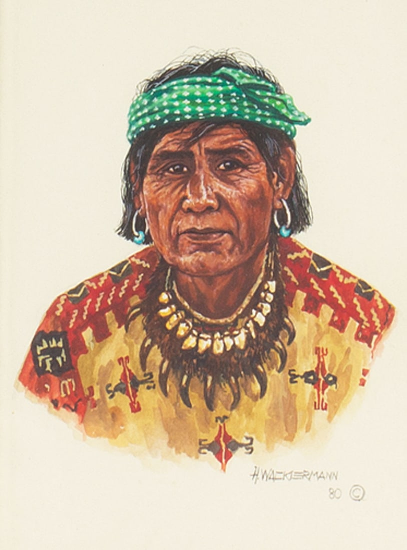 Hubert Wackermann 1980 "Man From Zia Pueblo" Casein Painting: 1980 casein painting titled Man From Zia Pueblo by Hubert Wackermann (German; born 1945). Signed and dated lower right, gallery tag from Main Trail Galleries verso. Measurements: