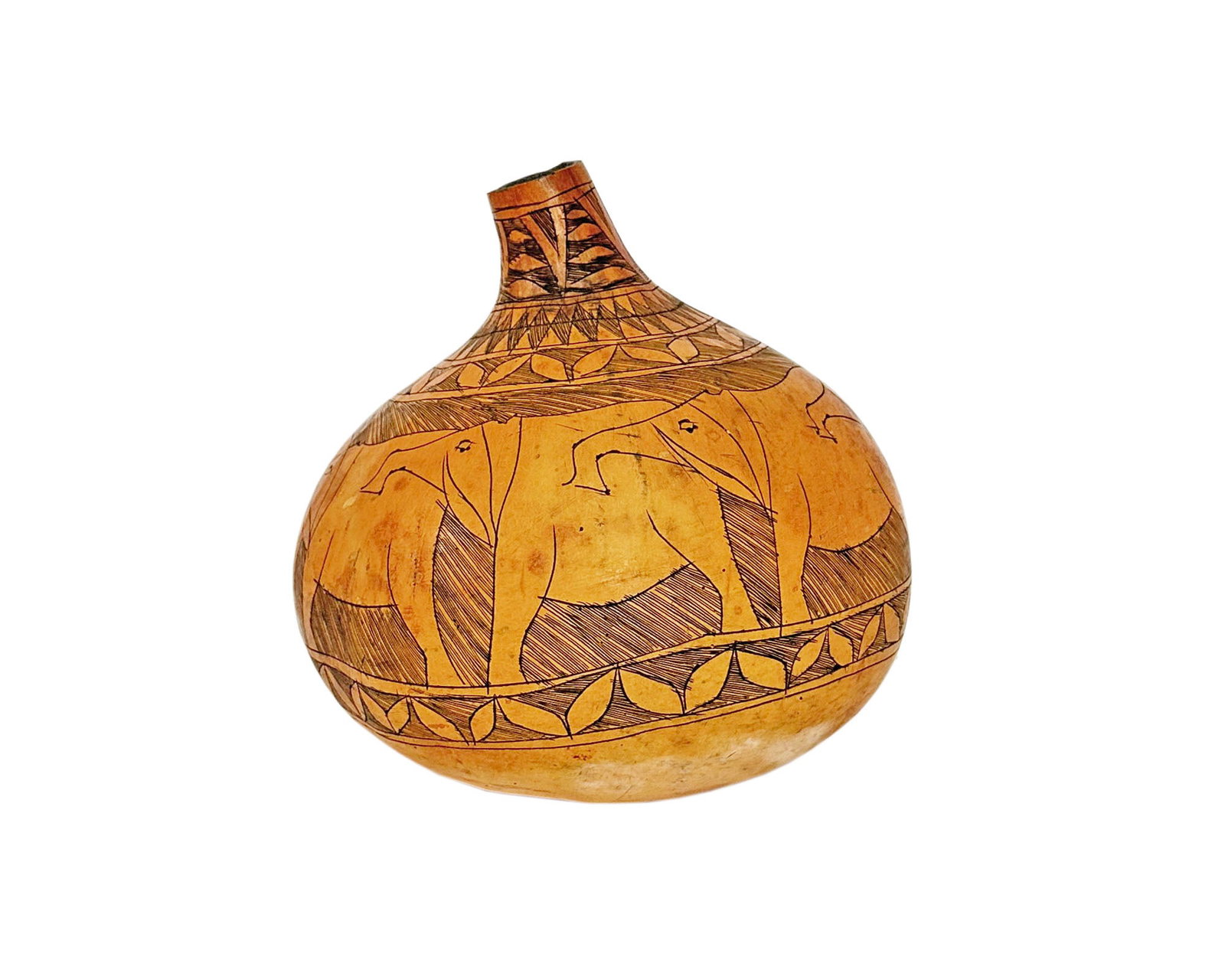 African Carved Gourd Water Bottle Vase: Vintage African carved gourd water bottle vase with elephant decorations. Measurements: 11" H x 11" W x 12" D. In house shipping available.