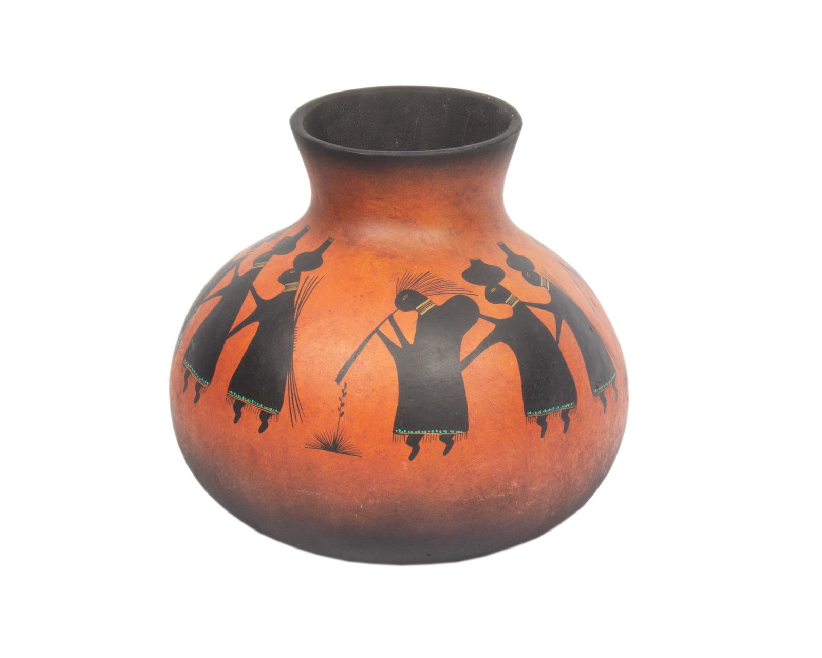 Robert Rivera 1991 Hand-Painted Gourd Vase: 1991 gourd vase by Robert Rivera (American; 20th century). Made from a gourd, this vase is hand-painted and depicts multiple figures. It is signed and dated to the underside. Measurements: 