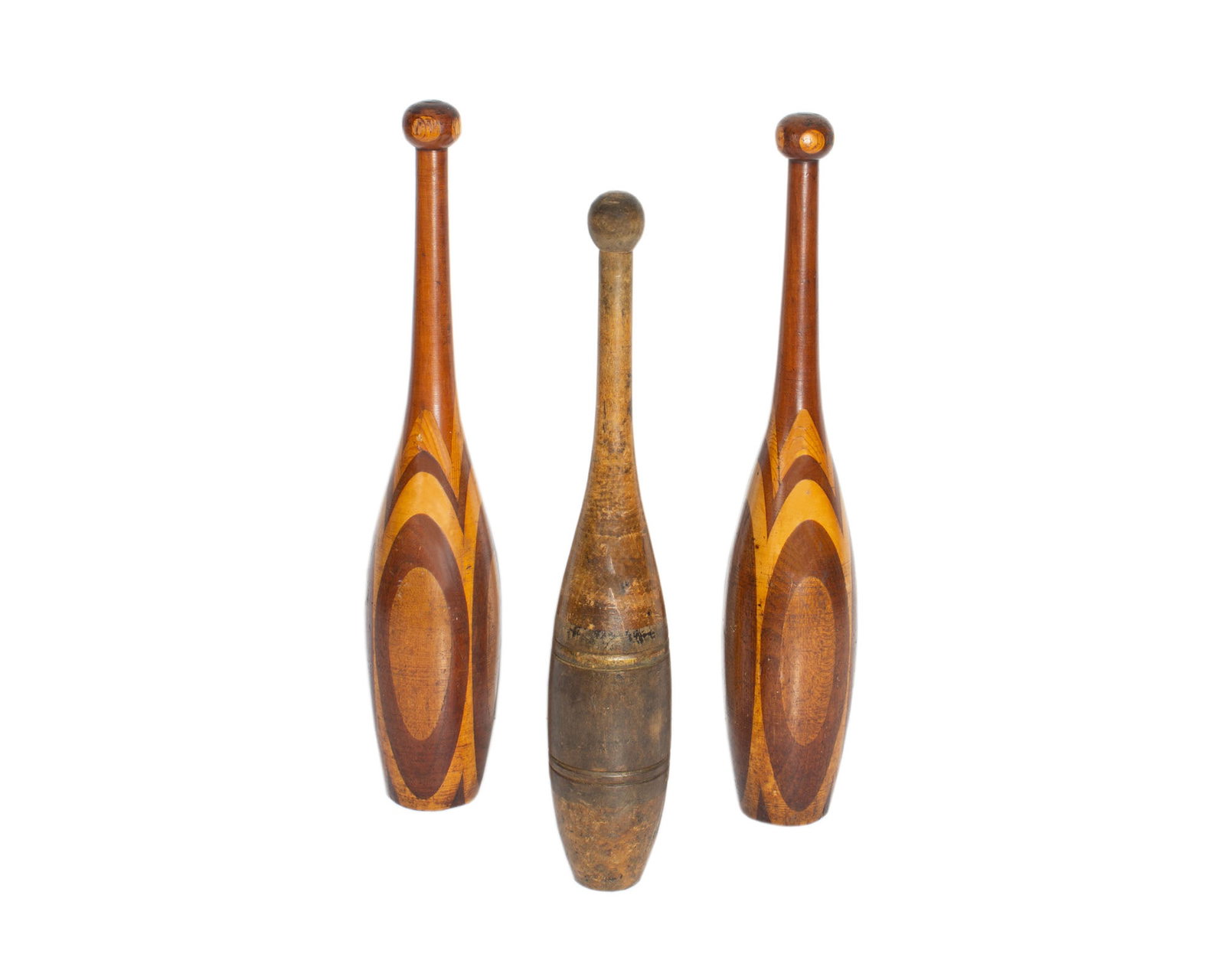 3 Antique Turned Wood Juggling Pins: Three antique turned wood juggling pins. Measurements: 20" H x 4" W x 4" D (largest). In house shipping available.