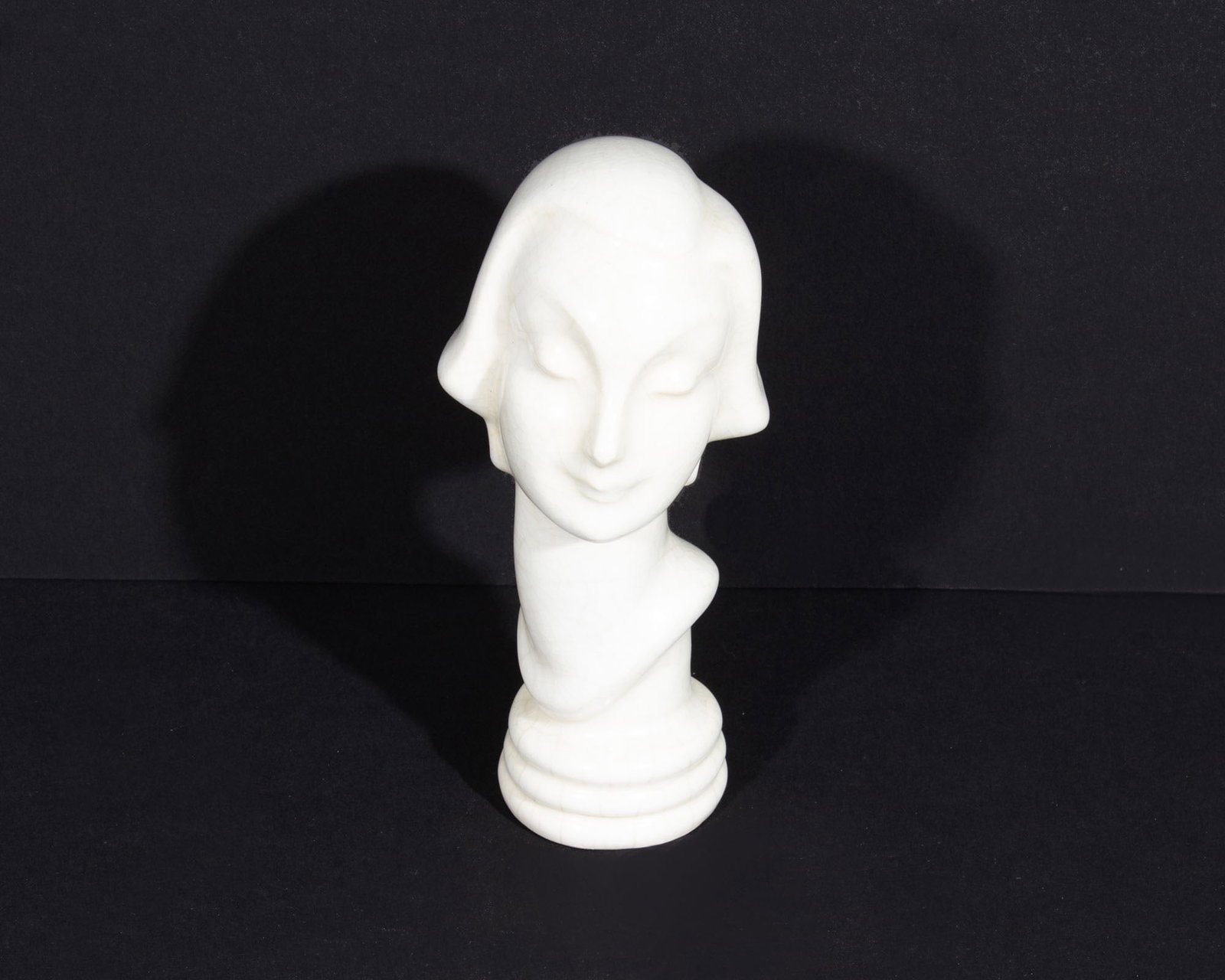 AMACO American Art Clay Company Art Deco Bust: Art Deco ceramic bust produced by AMACO (American Art Clay Company) of Indianapolis. Marked to underside. Measurements: 2.75” W x 6” H x 3” D. In house shipping