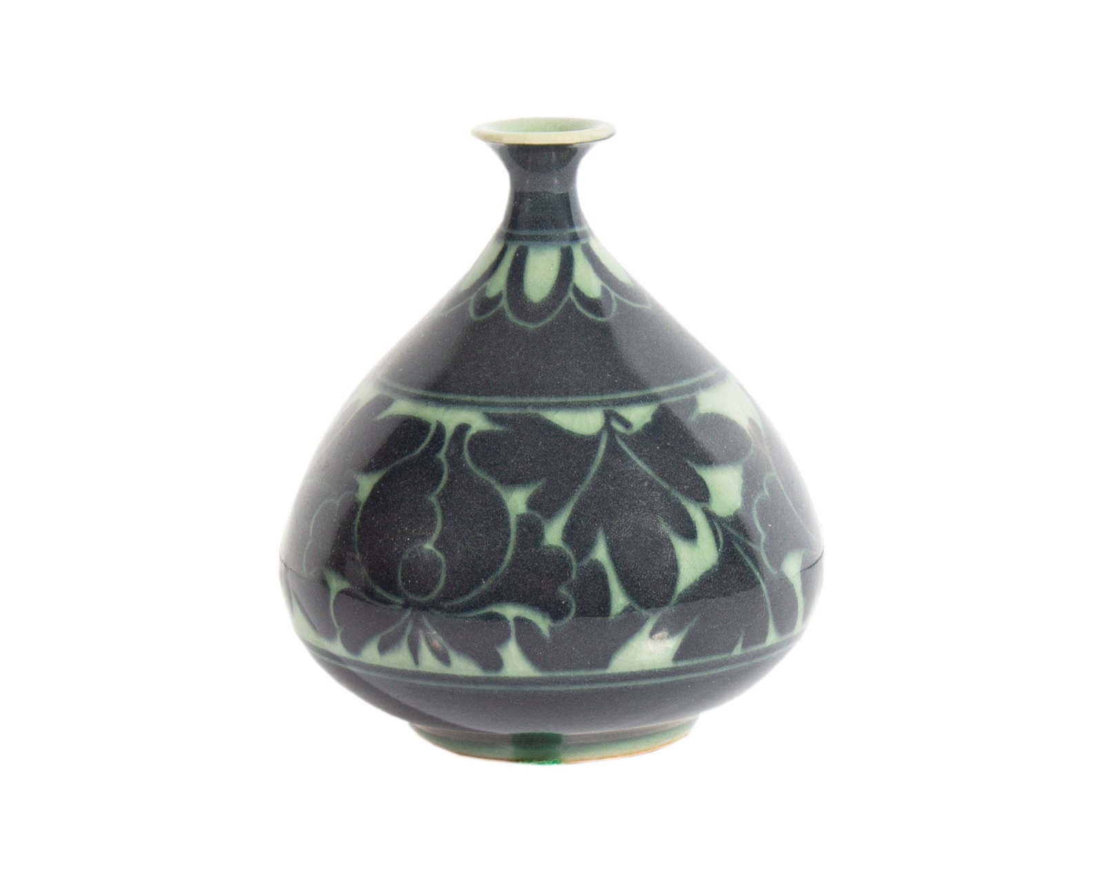 Korean Signed Celadon Vase: Korean ceramic celadon vase. Signed to the underside. Measurements: 3.5" W x 4" H x 3.5" D. In house shipping available.