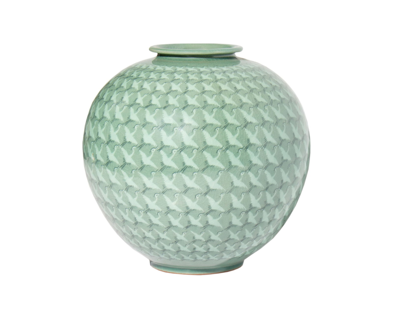 Korean "Thousand Cranes" Celadon Vase: Korean "Thousand Crane" celadon vase. Marked to underside. Measurements: 11" W x 10.5" H x 11" D. In house shipping available