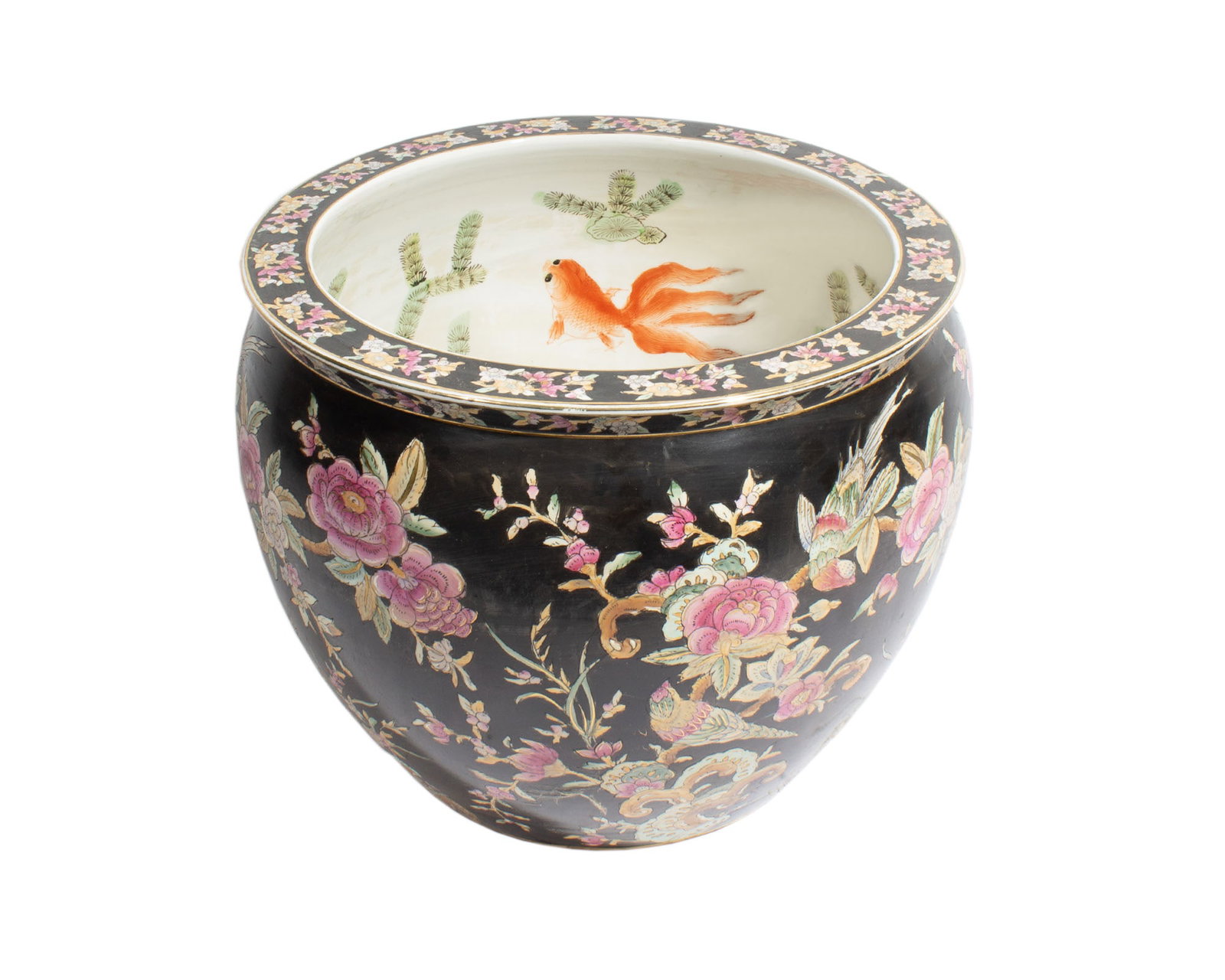 Chinese Porcelain Fish Bowl: Chinese porcelain fish bowl. Marked to underside. Measurements: 15" W X 12" H x 15" D. In house shipping available.