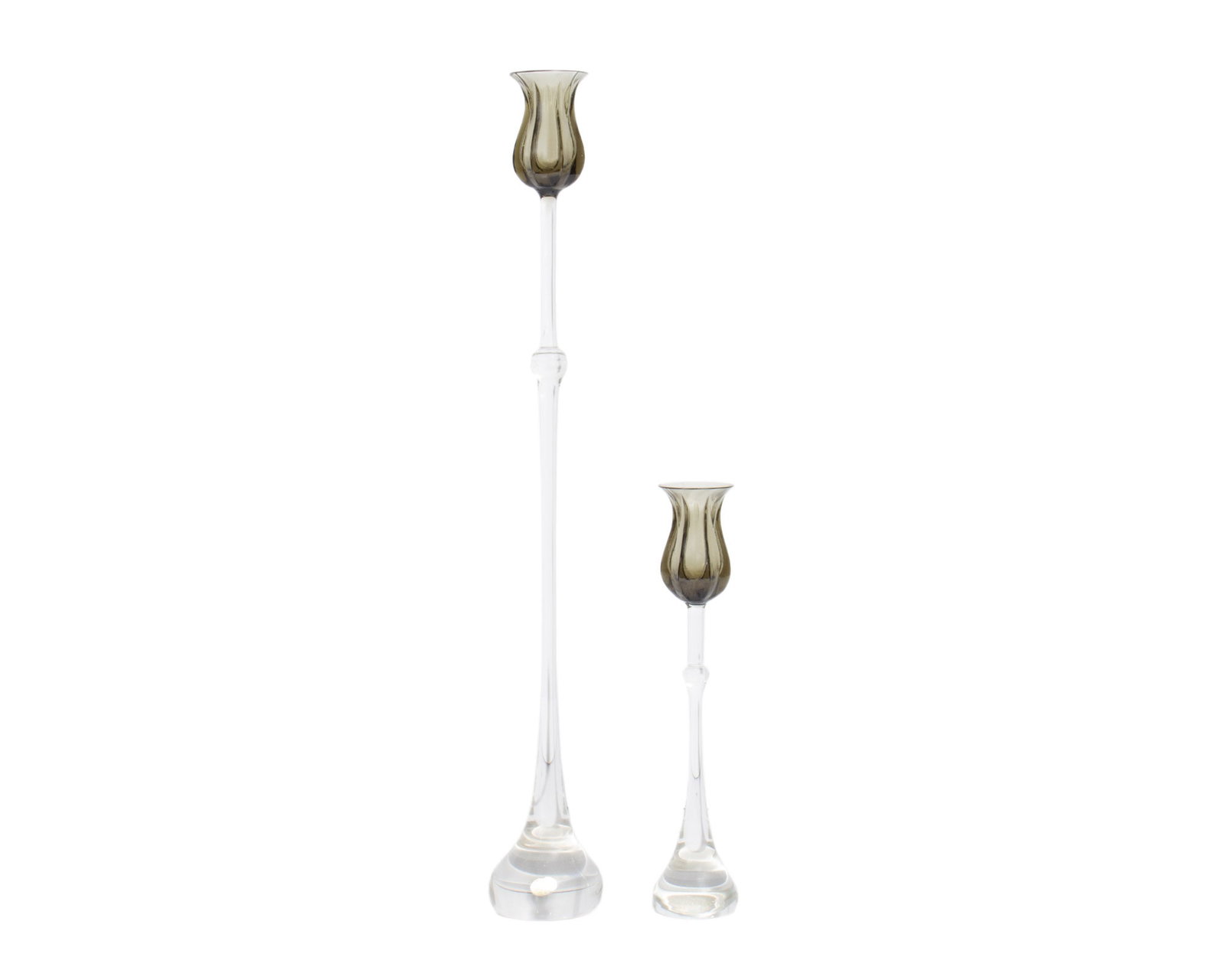 Rosenthal "Tulipa" Glass Candlestick Holders: Two Rosenthal "Tulipa" glass candlestick holders. One holder is marked with a Rosenthal sticker. Measurements: 2.5" W x 18.75" H x 2.5" D (taller holder). In