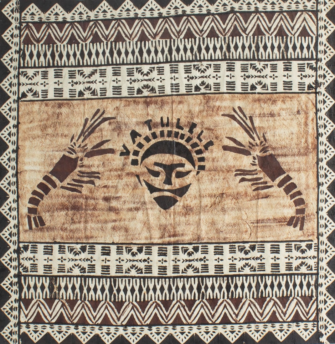Tapa Polynesian Bark Cloth: Framed Polynesian tapa bark cloth with images of face and crustaceans. Created by pounding the bark of the mulberry tree to create a fibrous paper fabric. Measurements: 30.5" W
