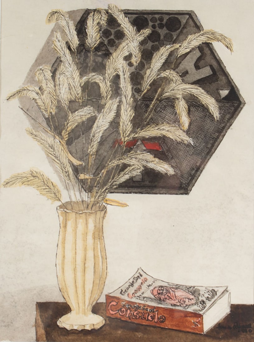 James Spencer Russell 1990 Watercolor Still Life Painting: 1990 watercolor still life painting by artist James Spencer Russell (American; 1915-2000). The painting depicts dried ornamental grass in a vase displayed upon a table next to the