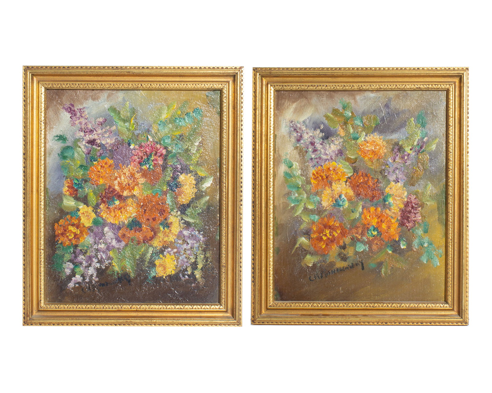 C.H. Montgomery Oil on Board Floral Paintings: Two oil on board floral paintings. Signed "CH Montgomery" to both. Measurements: 9.75" W x 11.5" H x .75" D (single frame, both measure the same). In house