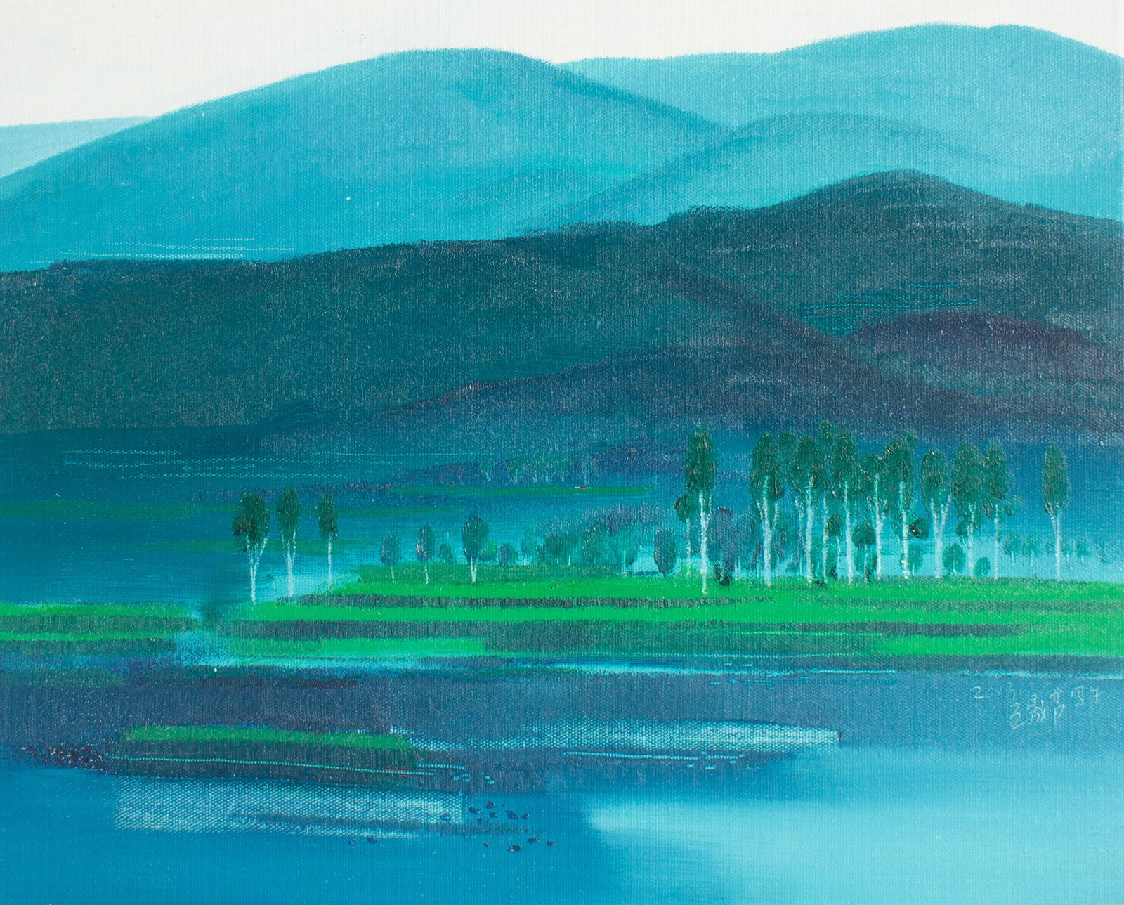 Chinese 2013 Oil on Canvas Landscape Painting: 2013 Chinese oil on canvas painting of a mountainous landscape. Dated and signed lower right. Measurements: 19.5" W x 15.75" H x .75" D. In house shipping available.
