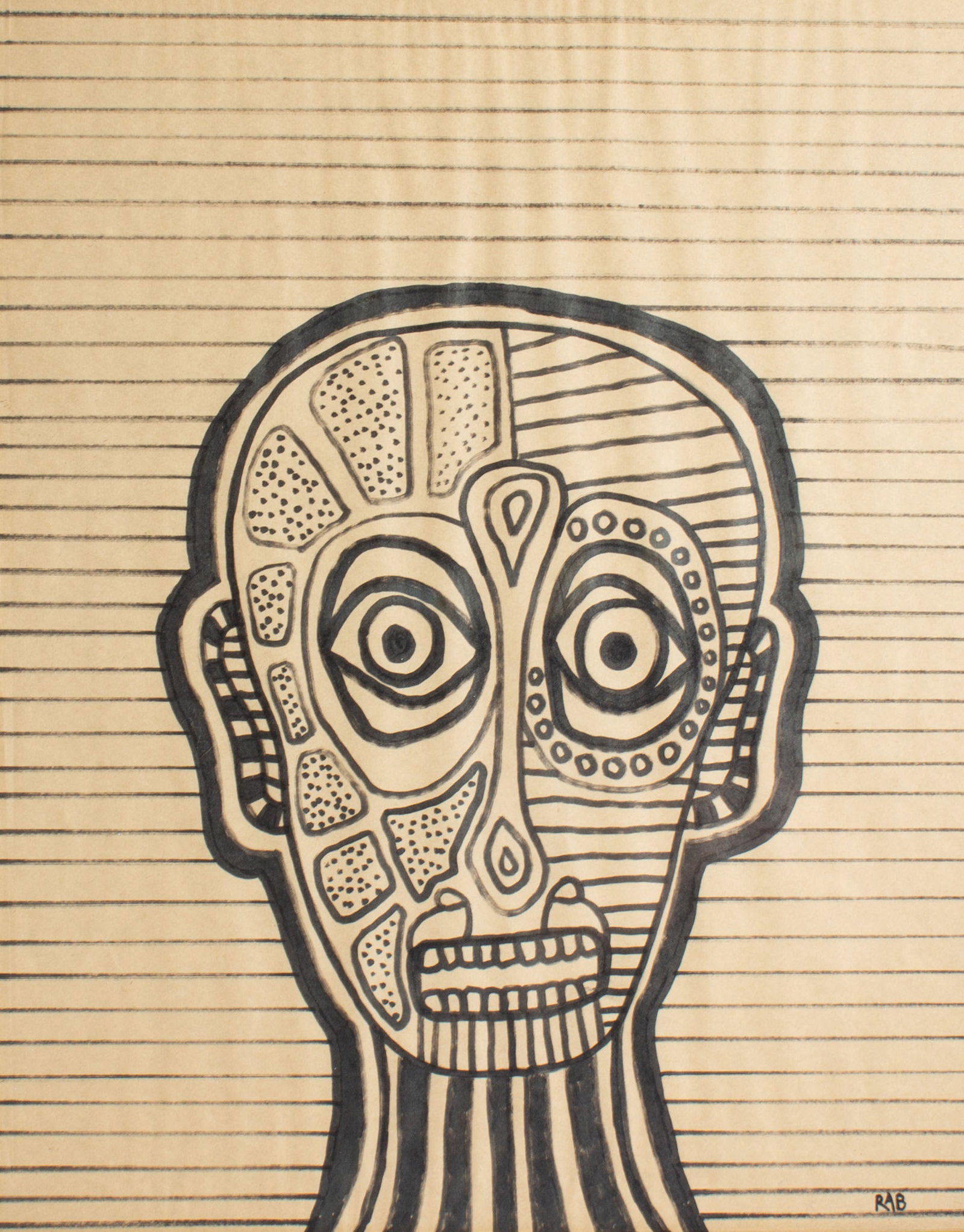 R.A. Buys Marker on Paper Abstract Drawing: Abstract marker on paper drawing of a face by Indiana artist R.A. Buys (American; 20th/21st century). Initialed lower right. Measurements: 18" W x 22" H x 1" D (frame). In