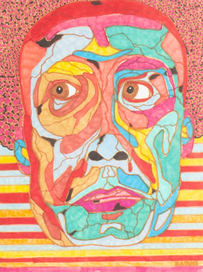 R.A. Buys 2015 "Mr. Pink" Pen and Ink on Paper Drawing: 2015 pen and ink on paper portrait drawing titled, Mr. Pink by Indiana artist R.A. Buys (American; 20th/21st century). Signed lower right, titled and dated verso. Measurements: