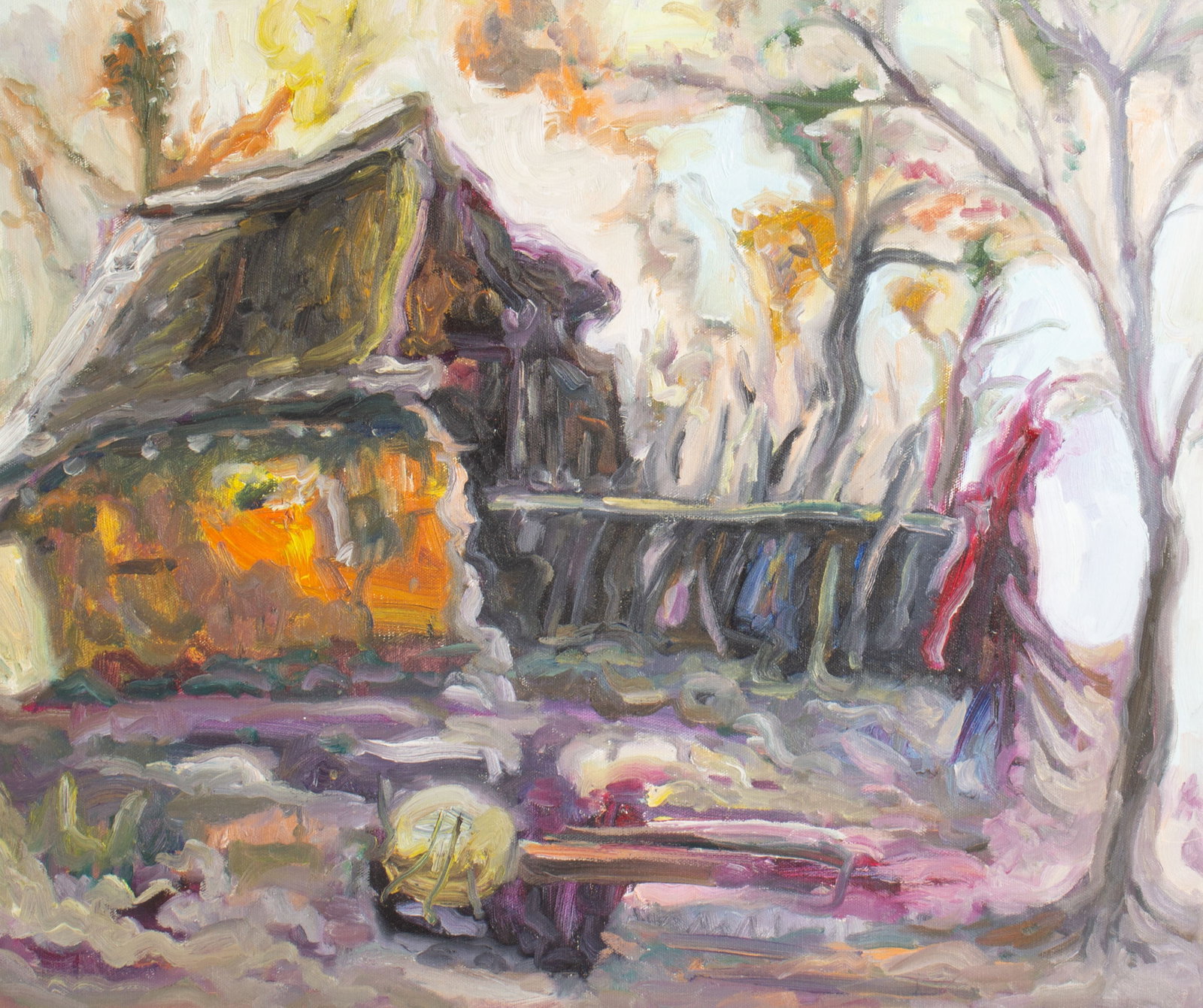 Abstract Oil on Canvas Painting of a House: Abstract oil on canvas painting of a house. Unsigned. Measurements: 23.25" W x 20" H x .75" D. In house shipping available.