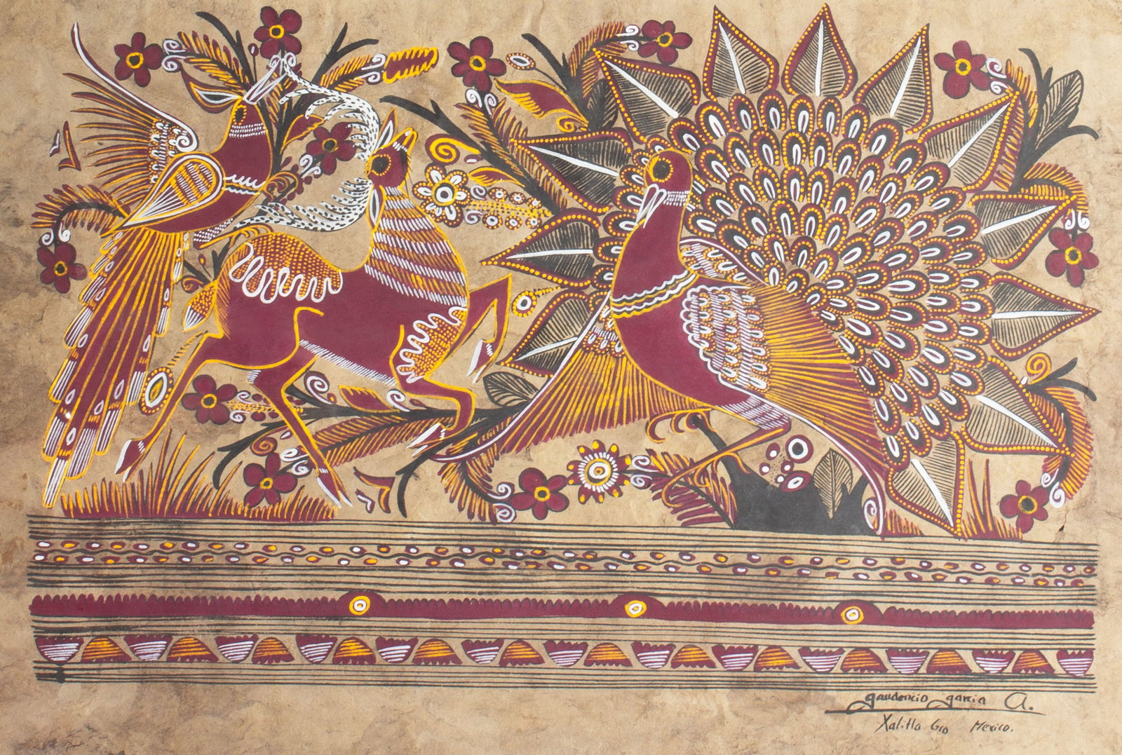 Gaudencio García Mexican Folk Art Painting on Amate Bark: Mexican folk art painting on amate bark by Gaudencio García. Signed lower right. Measurements: 30" W x 22.5" H x 1" D (frame); 23.5" W x 15.5" H (sheet).