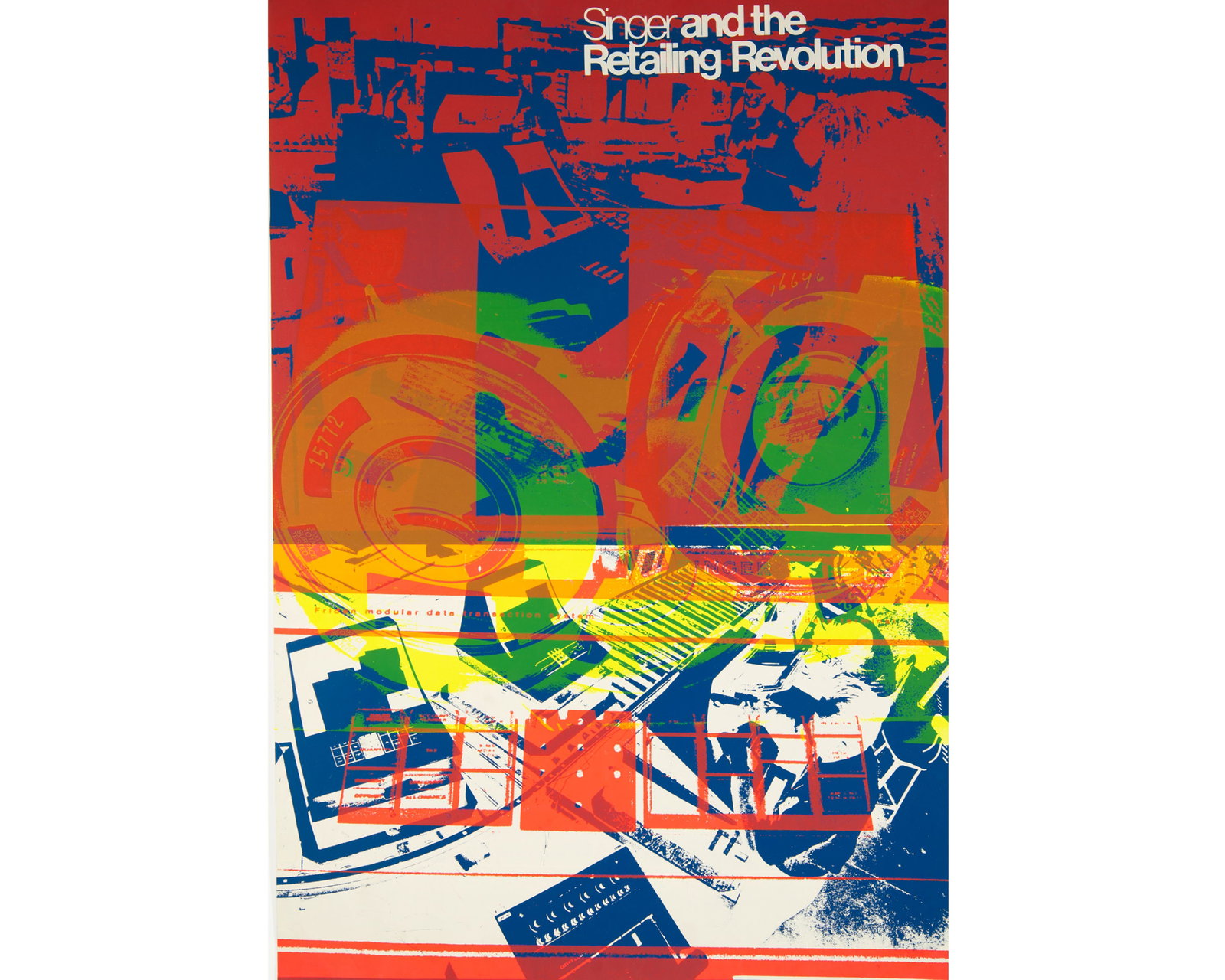 Peter Gee “Singer and the Retailing Revolution?? Pop Art Screen Print: Pop Art screen print on paper by artist and designer Peter Gee (British; 1932-2005). Text reds "Singer and the Retailing Revolution" to the top right in white. 