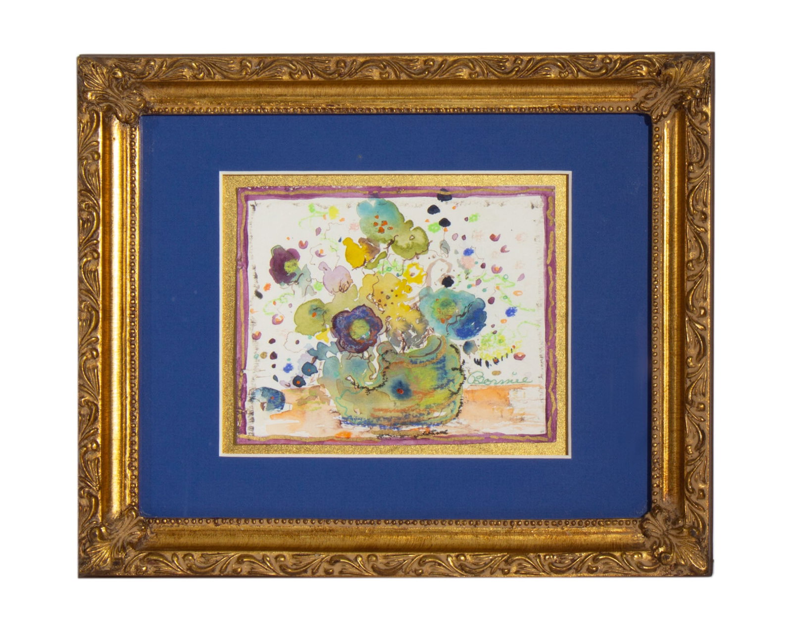 Bonnie Draher Abstract Watercolor Floral Still Life Painting: Abstract watercolor still life painting of a flower arrangement by Bonnie Draher (American; born 1928). Signed lower right. Measurements: 10" H x 12" H x 1.25" D (frame);