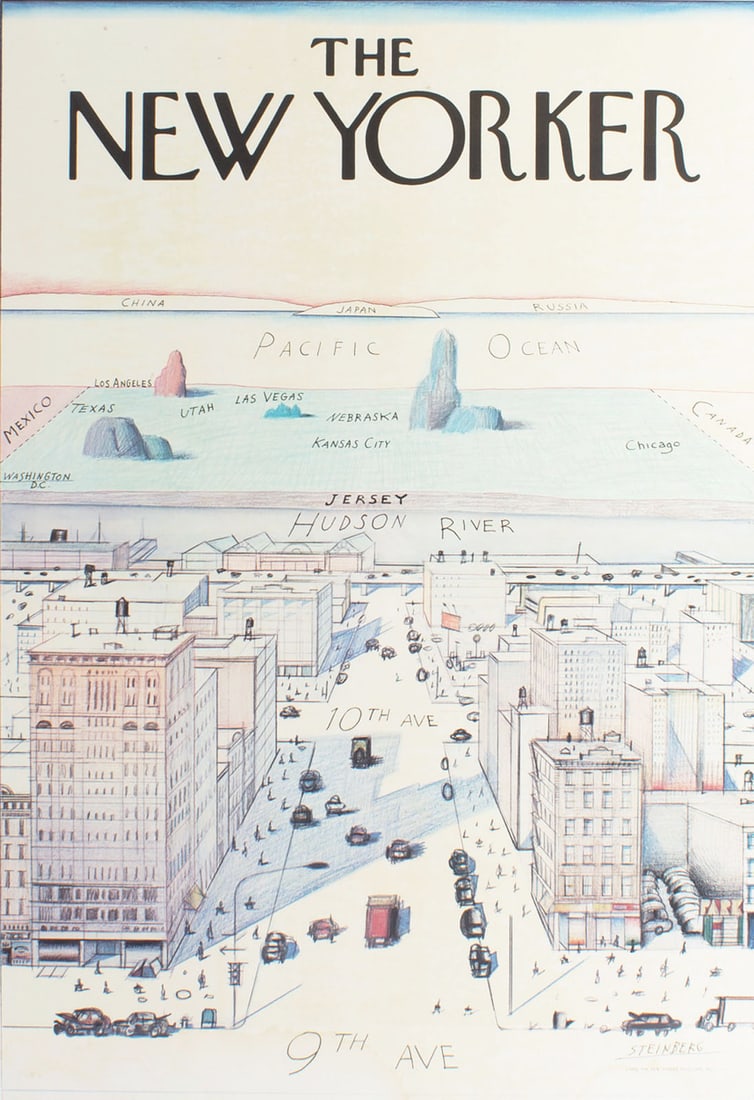 Saul Steinberg 1976 New Yorker Poster: 1976 Saul Steinberg New Yorker Poster. Measurements: 42.25" H x 29.25" W x 1" D (frame); 42" x 29" (poster). In house shipping available only if the