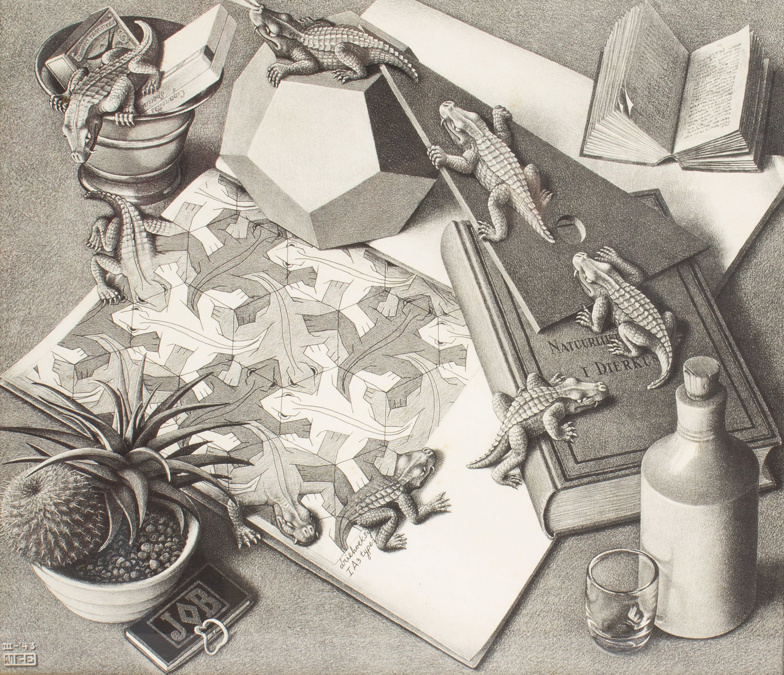 After M.C. Escher "Reptiles" Print: Print after a work by M.C. Escher titled Reptiles. Printed in 1970 by G.W. Breughel. Measurements: 18" W x 15.75" H x 1" D (frame). In house shipping available.