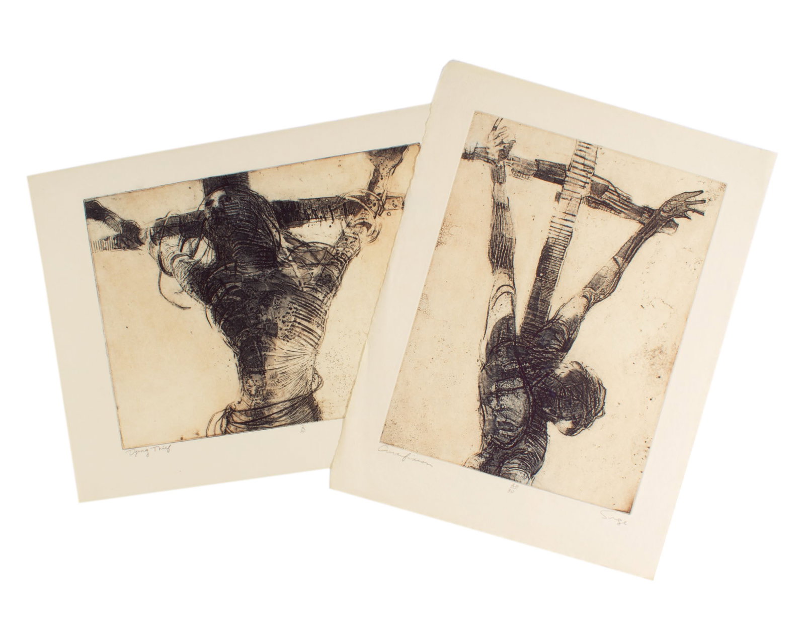 Walter Sorge Etchings of the Crucifixion: Two abstract etchings depicting Christ's Crucifixion by Walter Sorge (Canadian; 1931-2021). Included is a print signed, numbered 28/30, and titled Crucifixion, as well as a print si