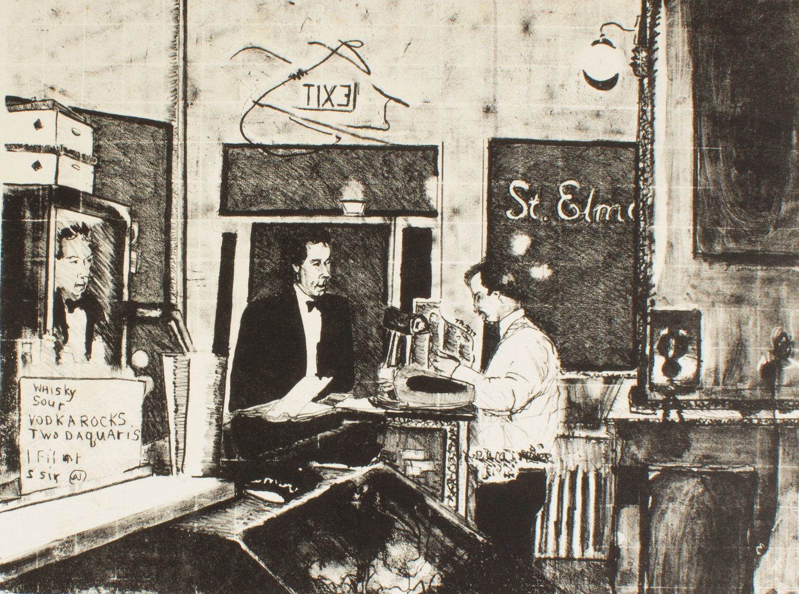 Michael Woodall 1982 St. Elmo Lithograph: 1982 lithograph print titled Restaurant and God by Michael Woodall. Numbered 5/10. Appears to be the interior of St. Elmo Steakhouse in Indianapolis. Measurements: 16.75" W