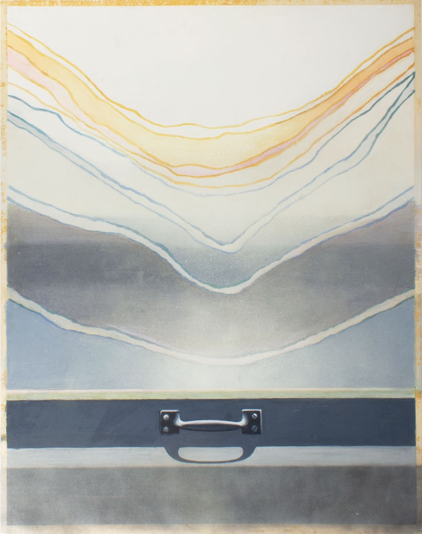 Joseph Shockney Painting on Board: Painting on board of a window shade and lower part of a window by Joseph Shockey (American; 20th century). Signed verso. Measurements: 22" W x 28" H. In house shipping
