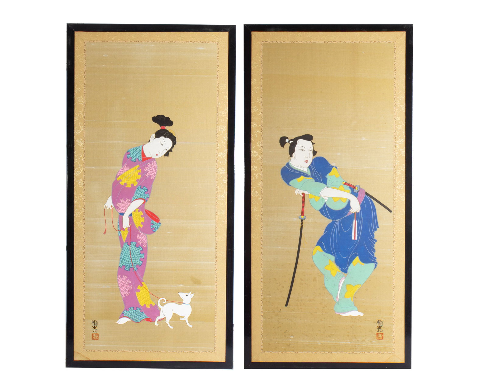 Japanese Paintings on Silk: Pair of Japanese paintings on silk depicting a man with sword and a woman walking a dog. Both signed to lower corners. Measurements: 17.5" W x 35.75" H x .75" D (single frame,