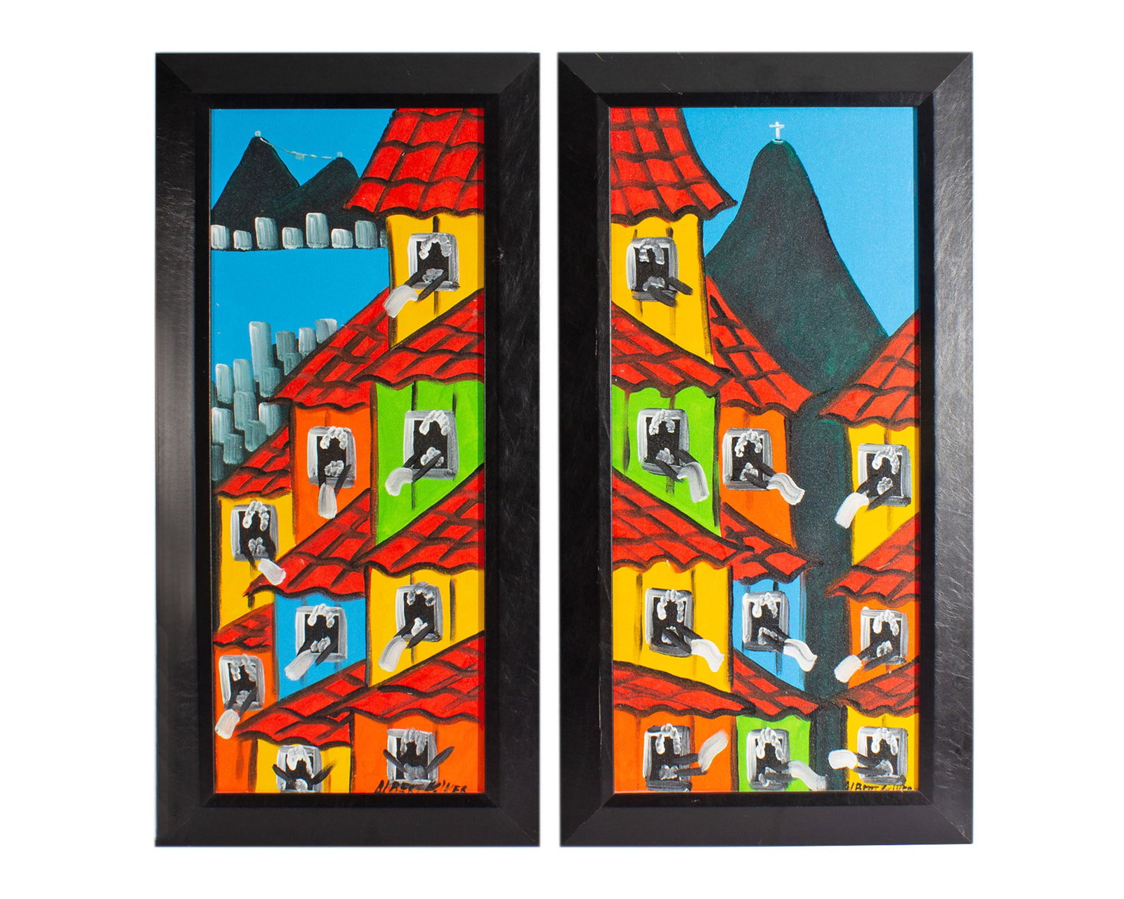 Brazilian Folk Art Acrylic on Canvas Diptych Painting: Brazilian folk art acrylic on canvas diptych painting of Rio de Janeiro. Each painting signed lower right. Measurements: 35.5" H x 18.5" W x 1" D (frame); 
