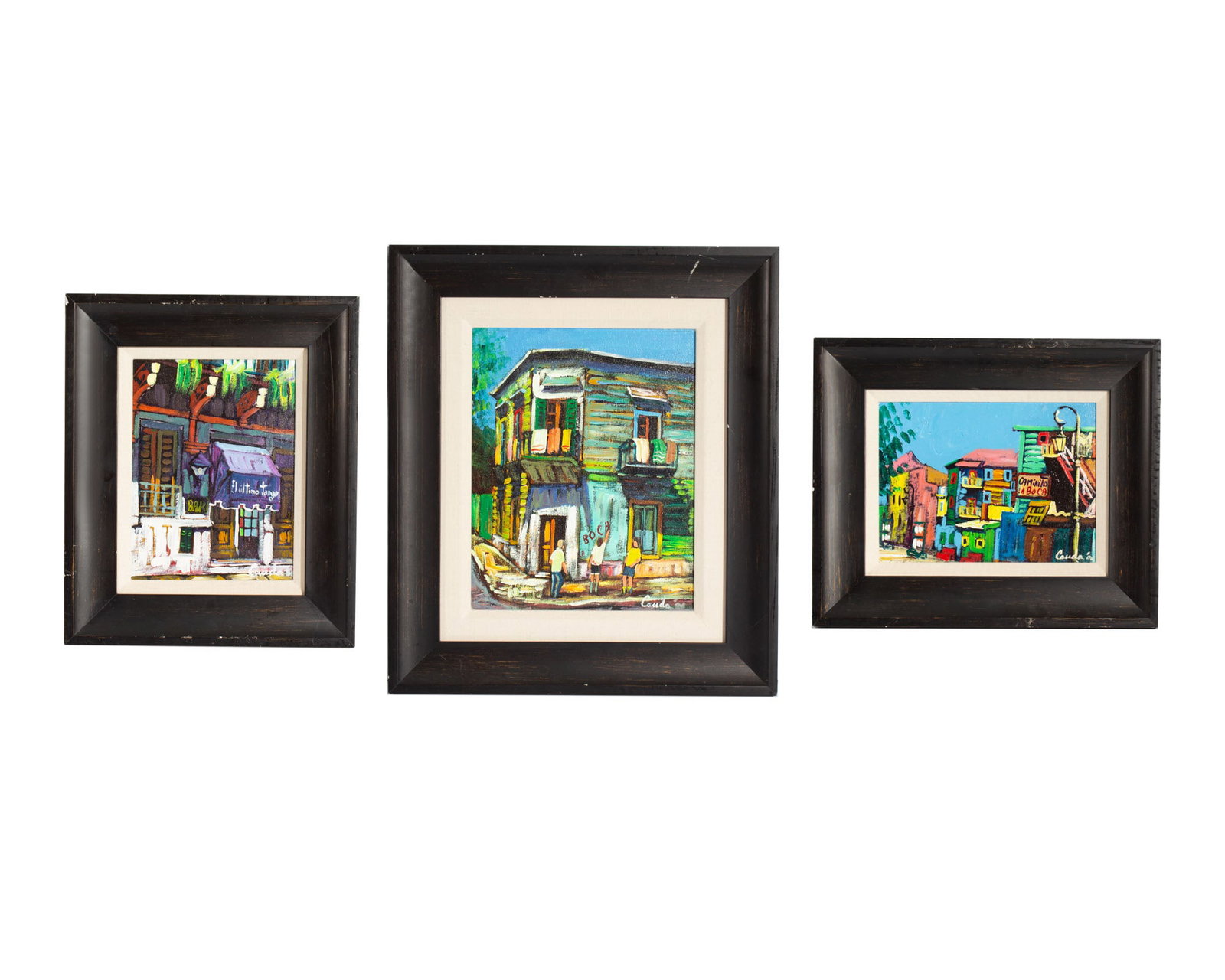 Hector Dario Cauda Oil on Board Paintings: Group of three oil on board paintings of a street scenes by Hector Dario Cauda (Argentinian; 21st century). Each painting is signed. Measurements: 15.75" W x 18" H x 1" D