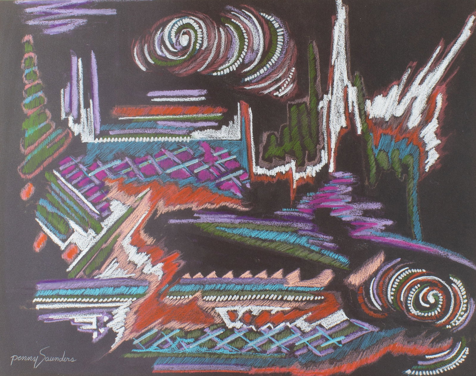 Penny Saunders Mixed Media Abstract Drawing: Mixed media drawing by Penny Saunders (American; 20th/21st century). Signed lower left. Measurements: 27" W x 22.5" H (mat board). In house shipping available.