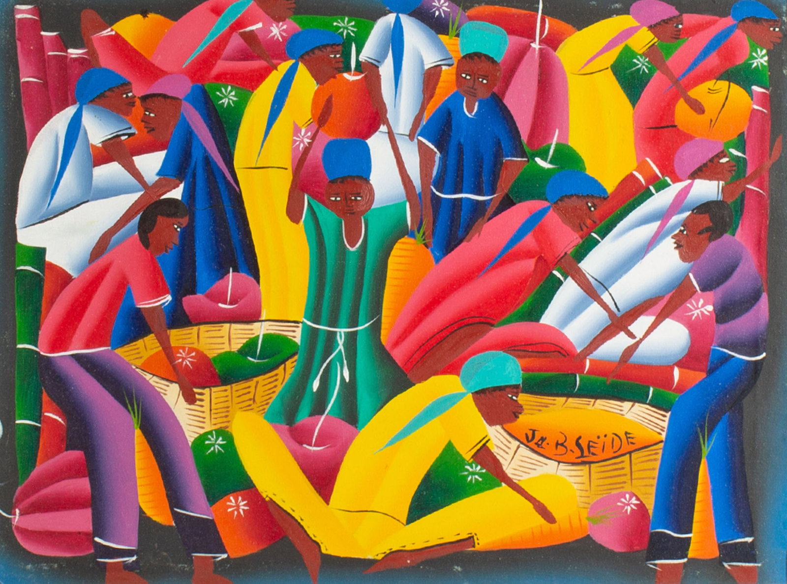 Jean-Baptiste Seide Haitian Painting on Canvas: Painting on canvas of people harvesting by Haitian artist Jean-Baptiste Seide. Signed lower right. Measurements: 21.25" W x 17.25" H x 1" D (frame). In house shipping