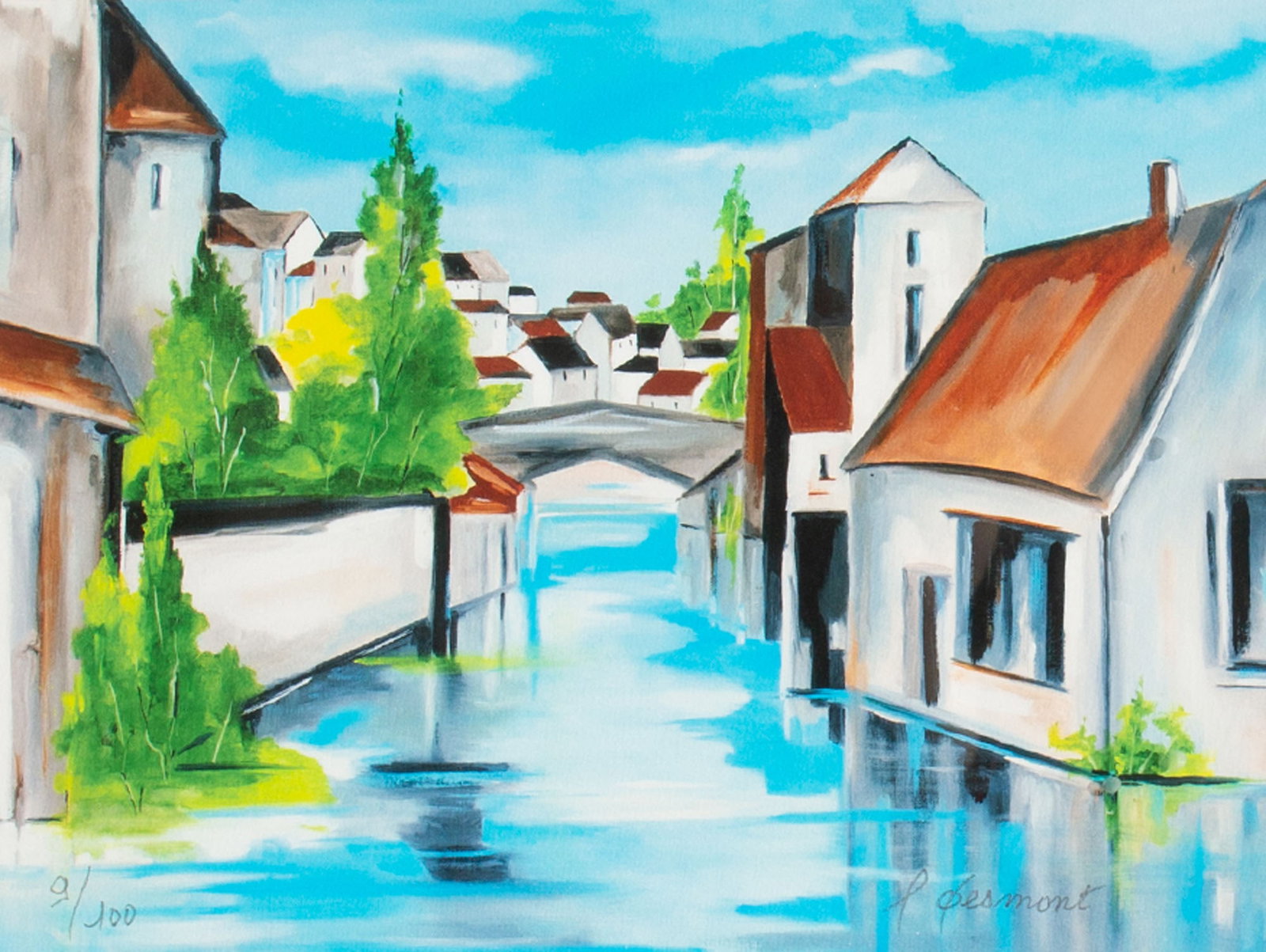 Francoise Desmont "Reflets" Limited Edition Giclee: Giclee of archival pigments on Hahnemuhle rag paper after a work by artist, Francoise Desmont (French; b. 1932). Titled Reflets (Reflections). Signed and numbered. Includes Certificate