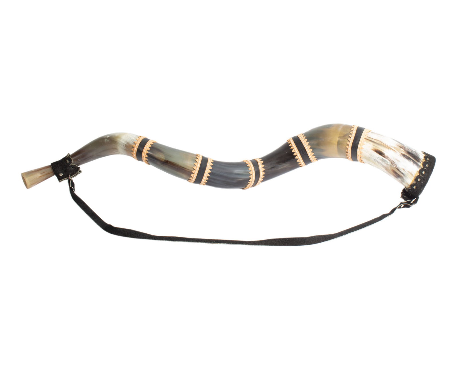 Brazilian Berrante Horn: Vintage Brazilian berrante horn made with seven sections of ox horn and leather. Measurements: 33" L x 6" W x 5" D. In house shipping available.