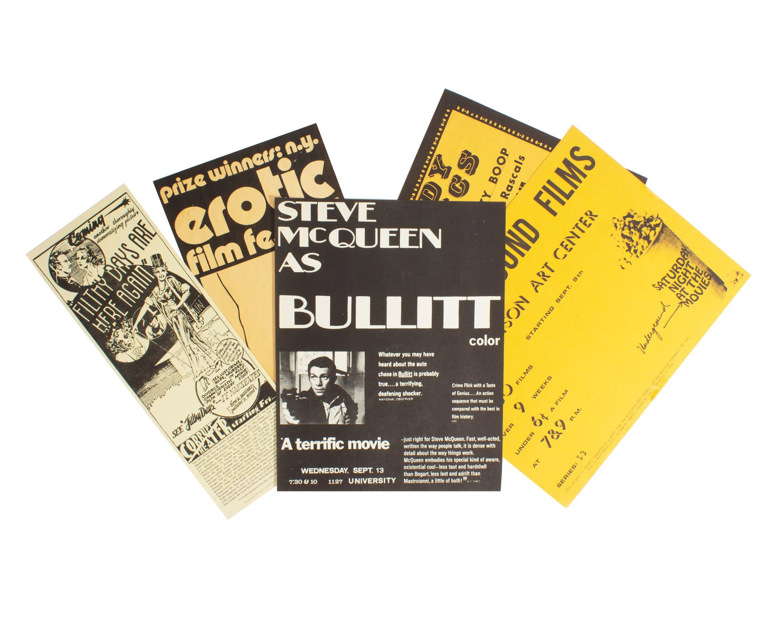 1960s and 70s Movie, Film Festival Posters Including Bullitt: 1960s and 70s posters advertising various film screenings. Measurements: 14" W x 11" H (largest poster). In house shipping available.