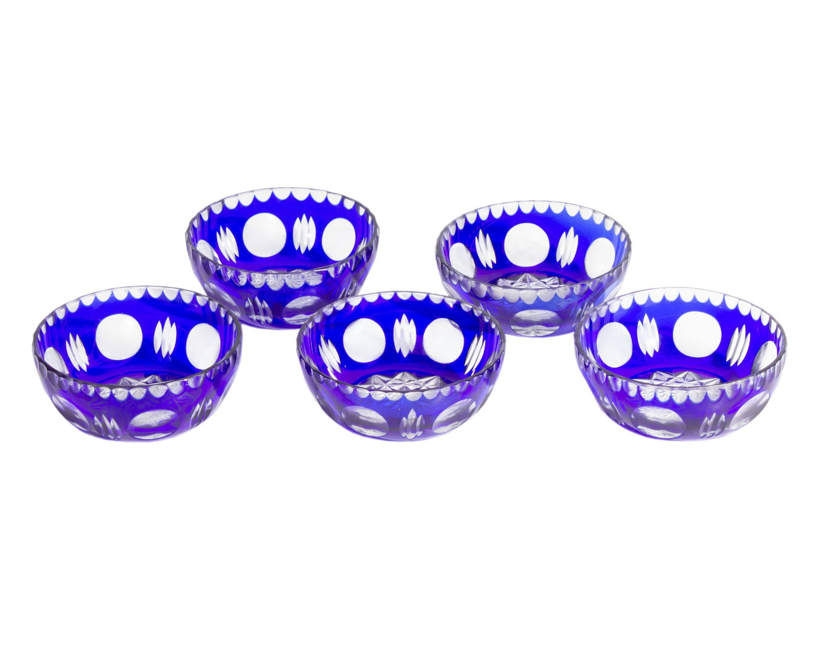 Cobalt Cut to Clear Dessert Bowls, Five Pieces: Set of five cobalt cut to clear glass dessert bowls. Measurements: 4" W x 1.5" H x 4" D (single bowl). In house shipping available.