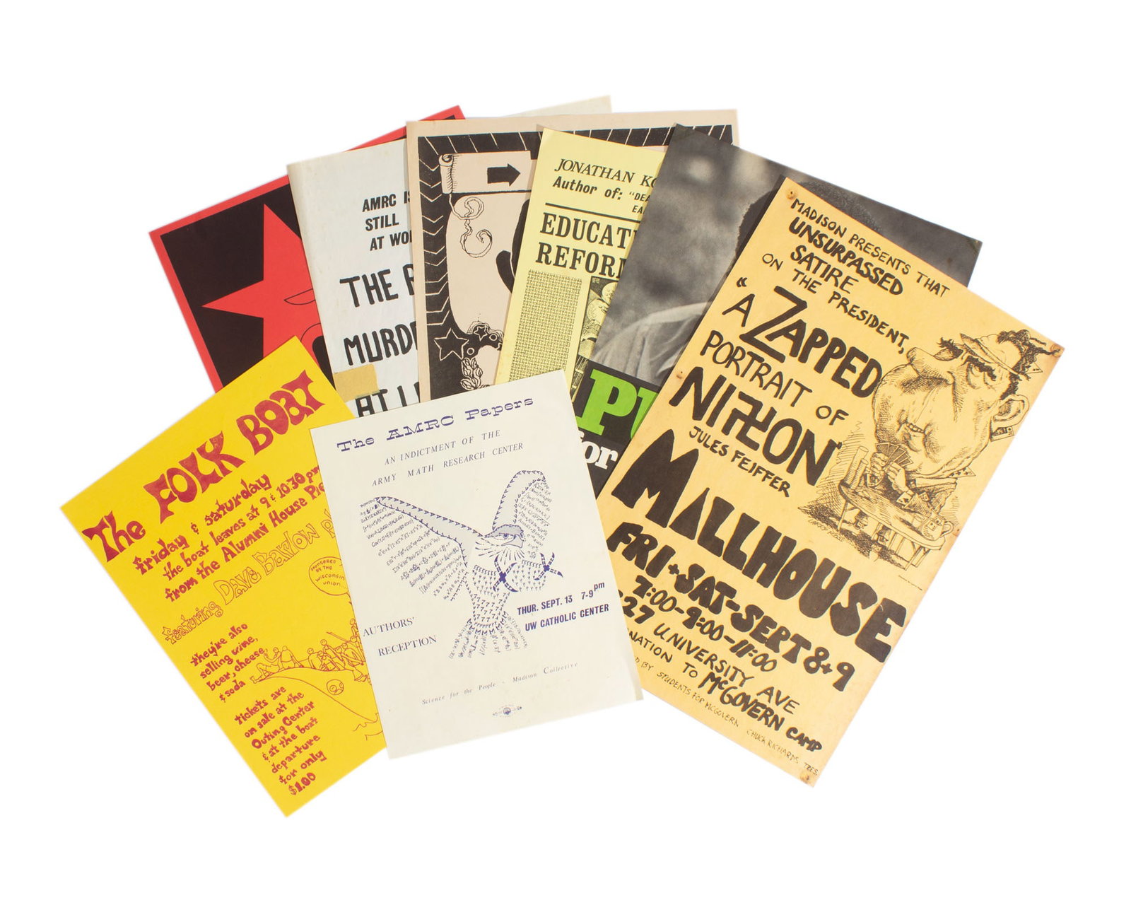 1970s Socialist Posters: Group of posters/fliers from Socialist and pro-Union groups from the 1970s, mostly from groups in Wisconsin. Measurements: 11" W x 17" H (largest poster). In house