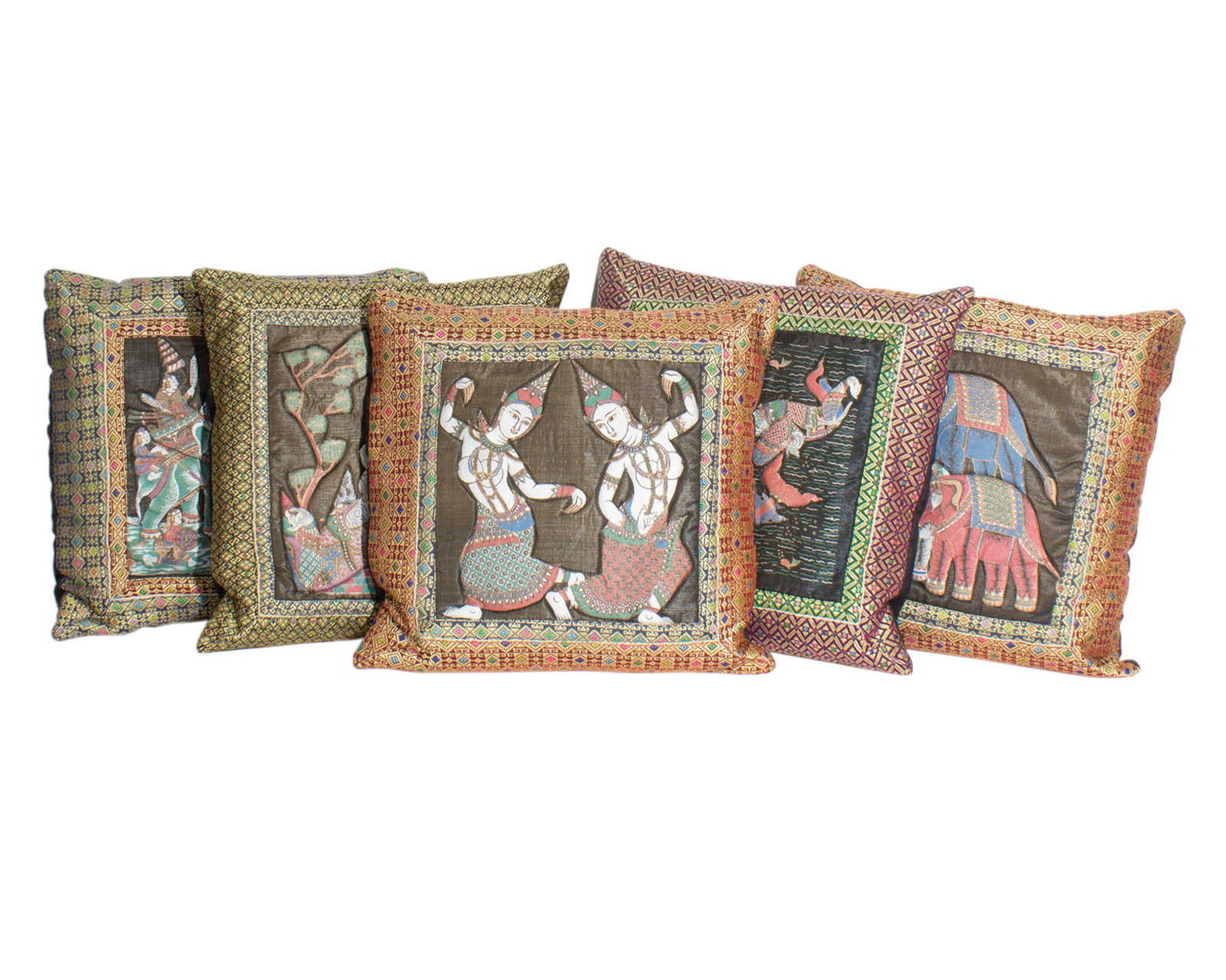 Thai Style Throw Pillows: Group of five throw pillows with Thai inspired designs. Measurements: 14.5" W x 14.5" H x 3" D (single pillow, each measures the same). In house shipping available.
