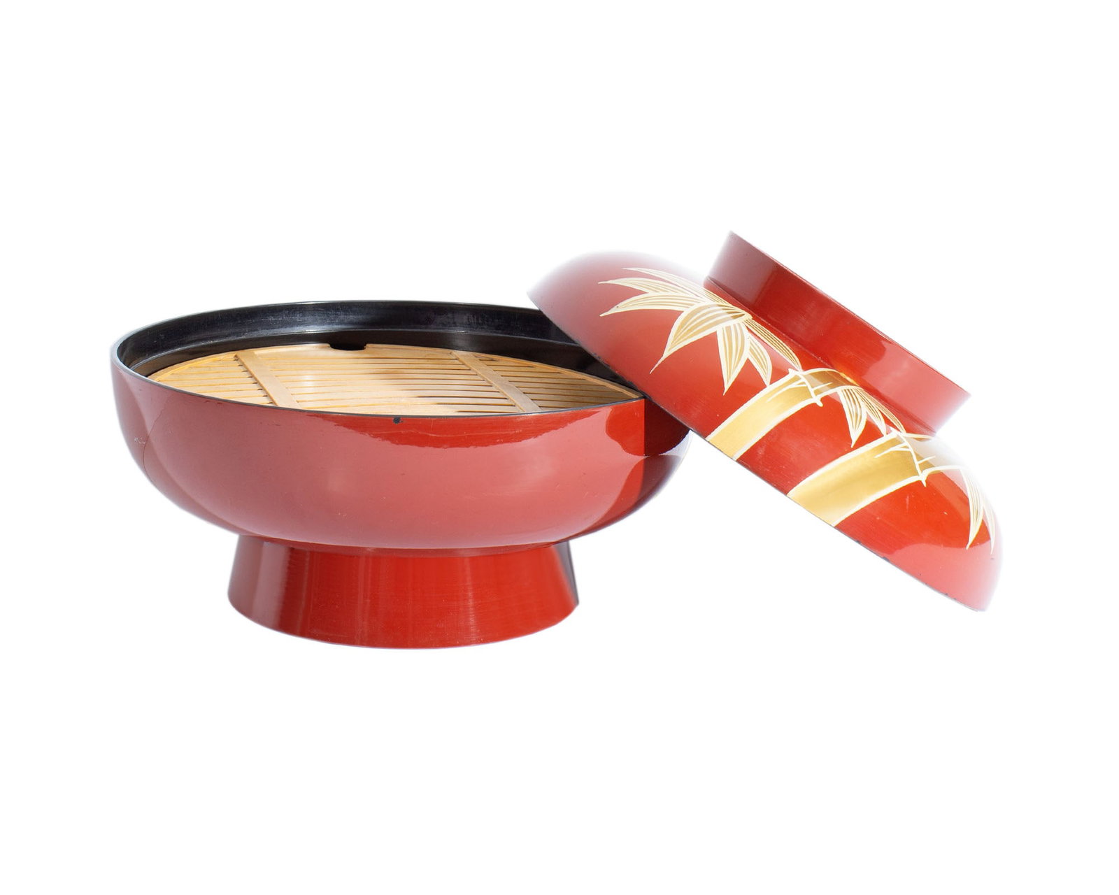 Japanese Covered Serving Dish with Bamboo Design: Large covered Japanese serving dish with slatted tray to the interior. Hand-painted bamboo design to exterior. Measurements: 14.5" W x 19.5" H x 14.5" D. In house
