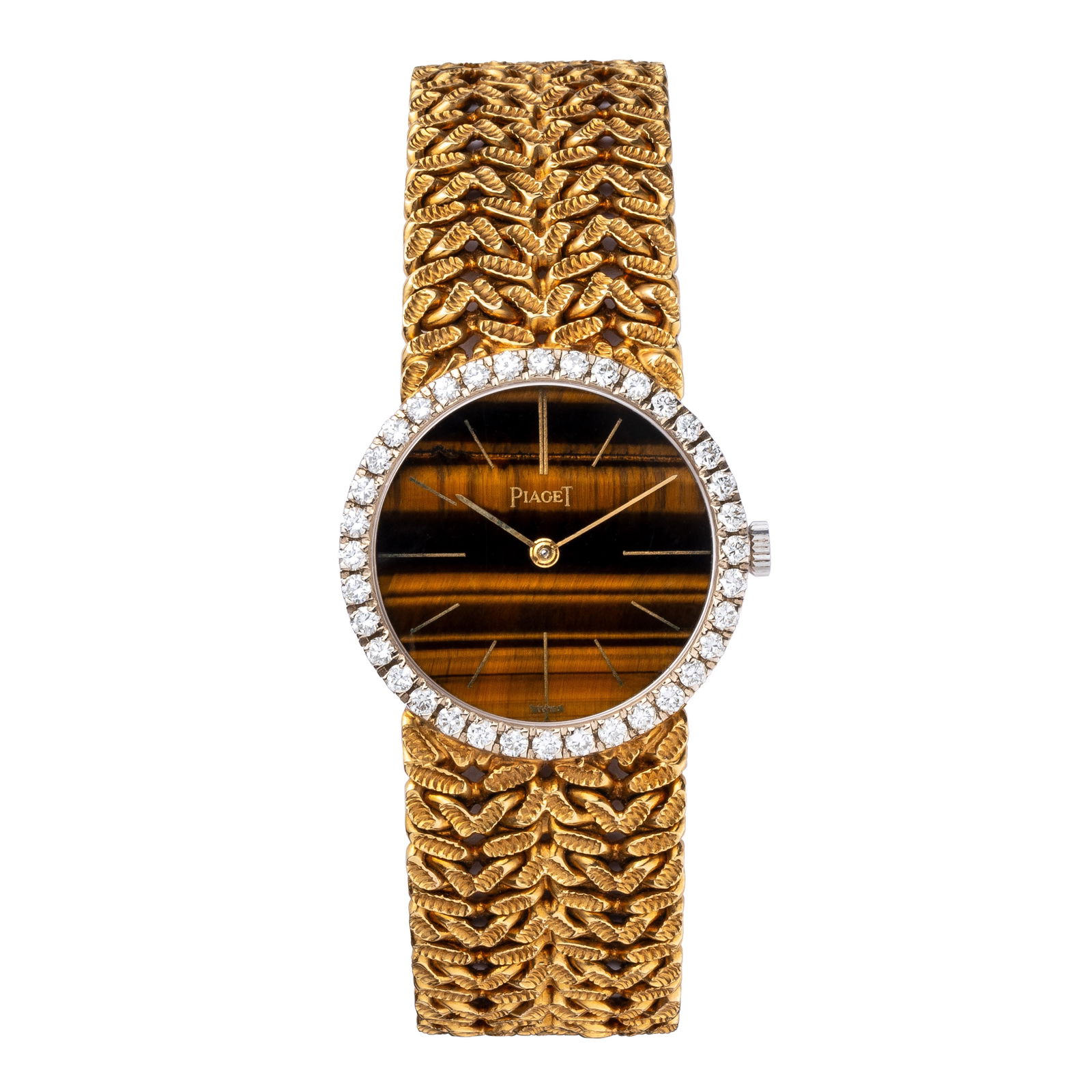 PIAGET: PIAGET - OROLOGIO ELEGANTE DA DONNA A CARICA MANUALE IN ORO GIALLO 18KT CON QUADRANTE IN PIETRA OCCHIO DI TIGRE. Marchio: Piaget Anno: 1980 Referenza: 9706N21 Quadrante: Occhio di tigre Cassa N: 177XX