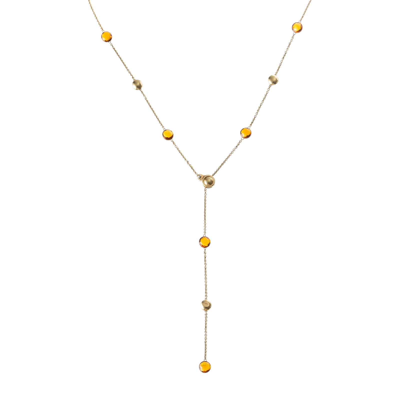 CHIMINTO - COLLANA GIROCOLLO IN ORO GIALLO 18KT E QUARZI CITRINI: Marchio: Chimento Materiale: Oro giallo 18kt quarzi citrini Lunghezza: 133 cm Peso: 57.1 gr Note: Girocollo in oro giallo 18kt con quarzi citrini 11m di lunghezza 113 cm. Chiusura regolabile a pinza.