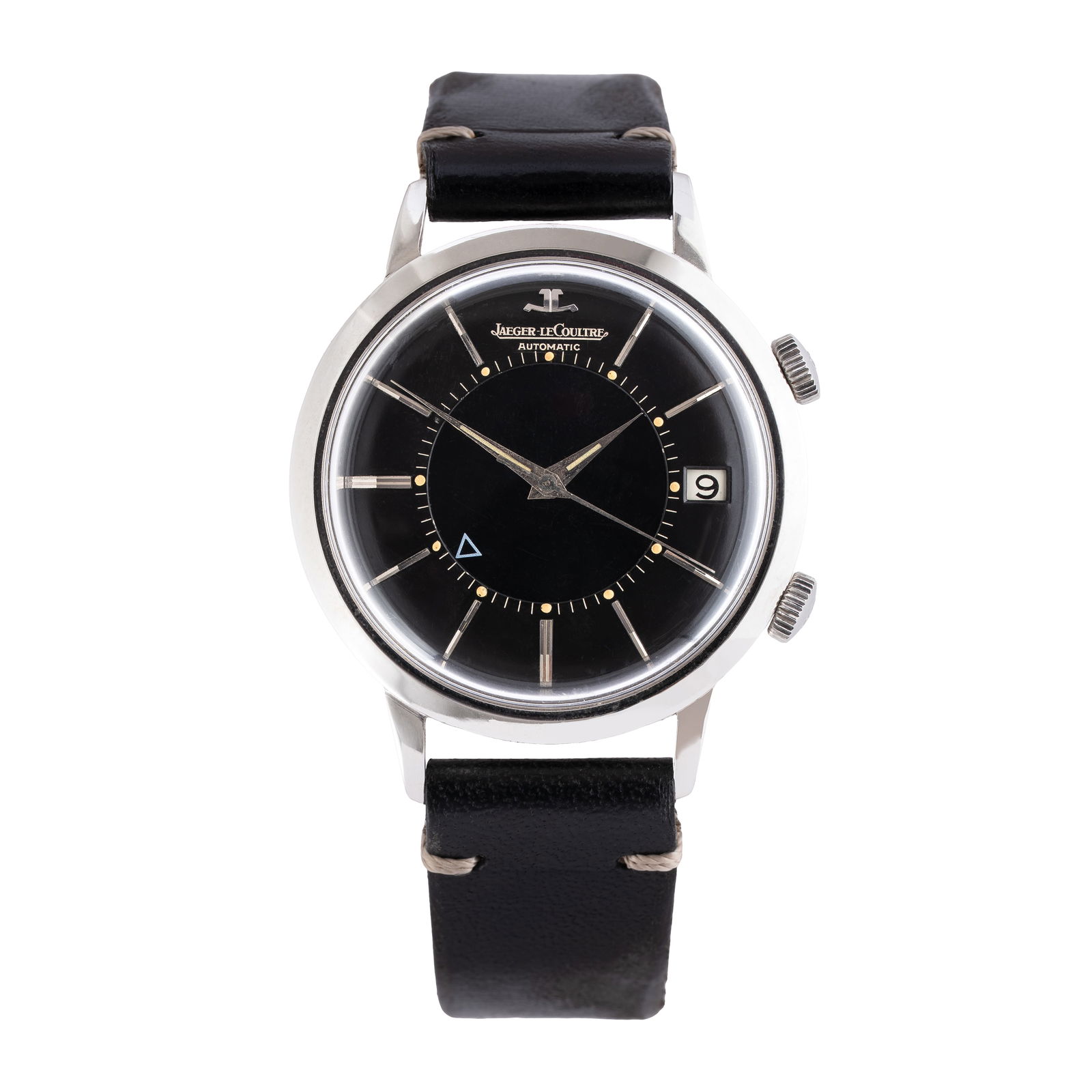 JAEGER LECOULTRE - MEMOVOX AUTOMATIC STEEL ALARM WATCH WITH BLACK GILT DIAL: Brand: Jaeger LeCoultre Model: Memovox Year: 1950s/1960s Reference: 855 Dial: Black Case No.: 1123XXX Movement: Automatic winding Calibre: Jaeger 825 Material: Steel Bracelet-Strap: Leather Size: 37 m