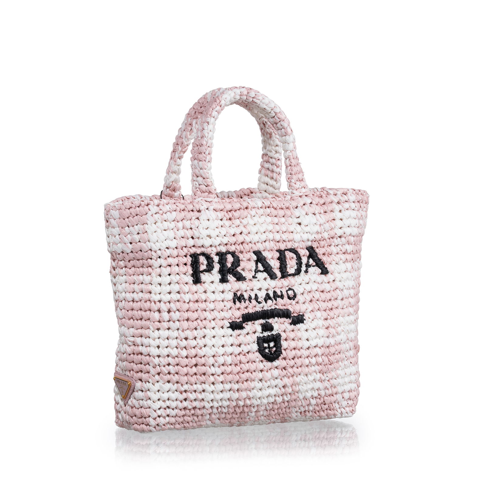 PRADA WHITE AND PINK RAFIA HANDBAG: Brand: Prada Model: Shopping Material: Raffia-effect fabric Colour: White and pink Dimensions: 24 x 23 x 8 cm (W x H x D) top opening 30 cm Year: 2023 - 2024 Notes: Tags and dust bag