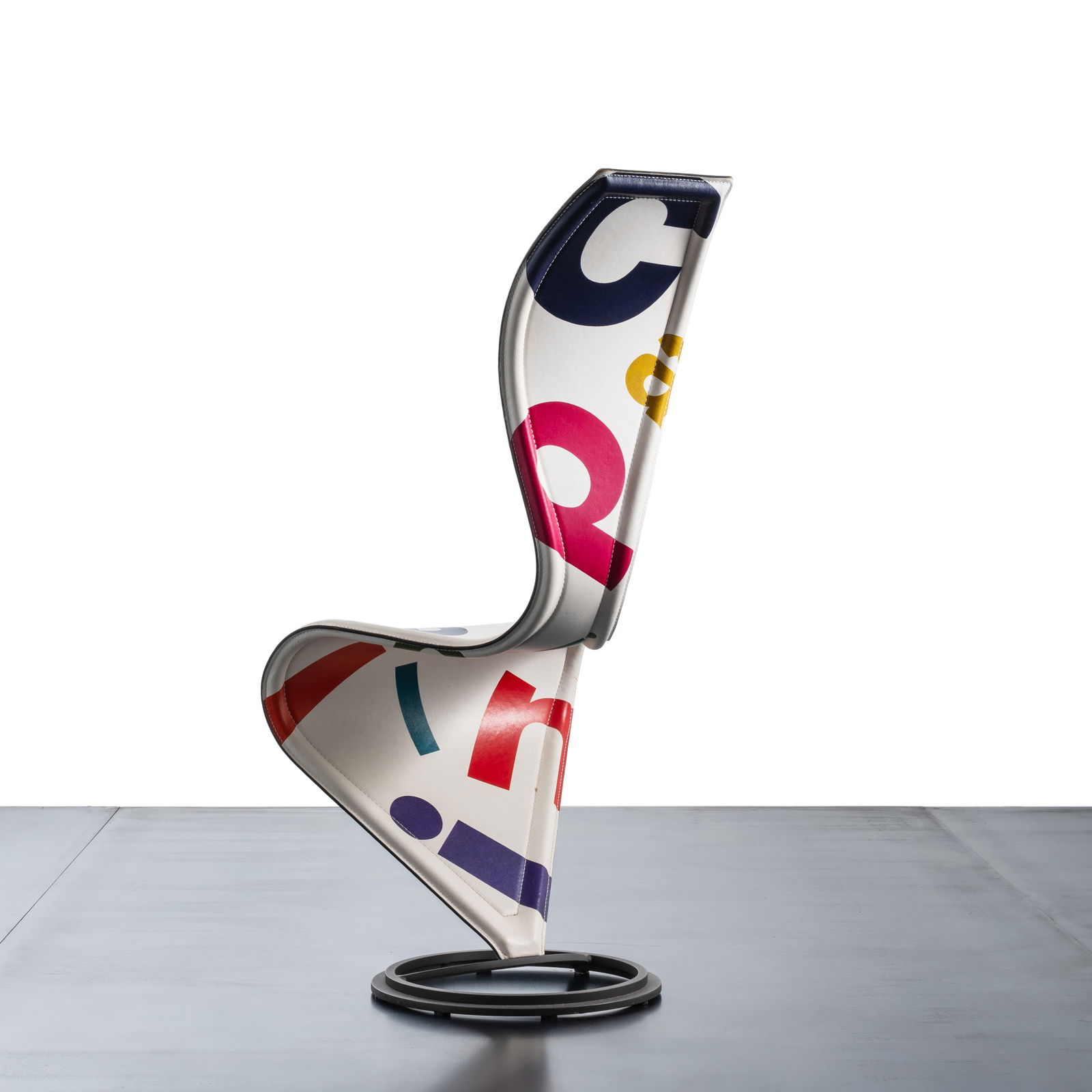 TOM DIXON S-CHAIR LIMITED EDITION CHAIR: Metal and eco-leather with multicoloured graphic motif inspired by the Cappellini logo produced by Cappellini 2003 limited production of 90 pieces manufacturer's mark on the base 104 X 48 X 40 cm