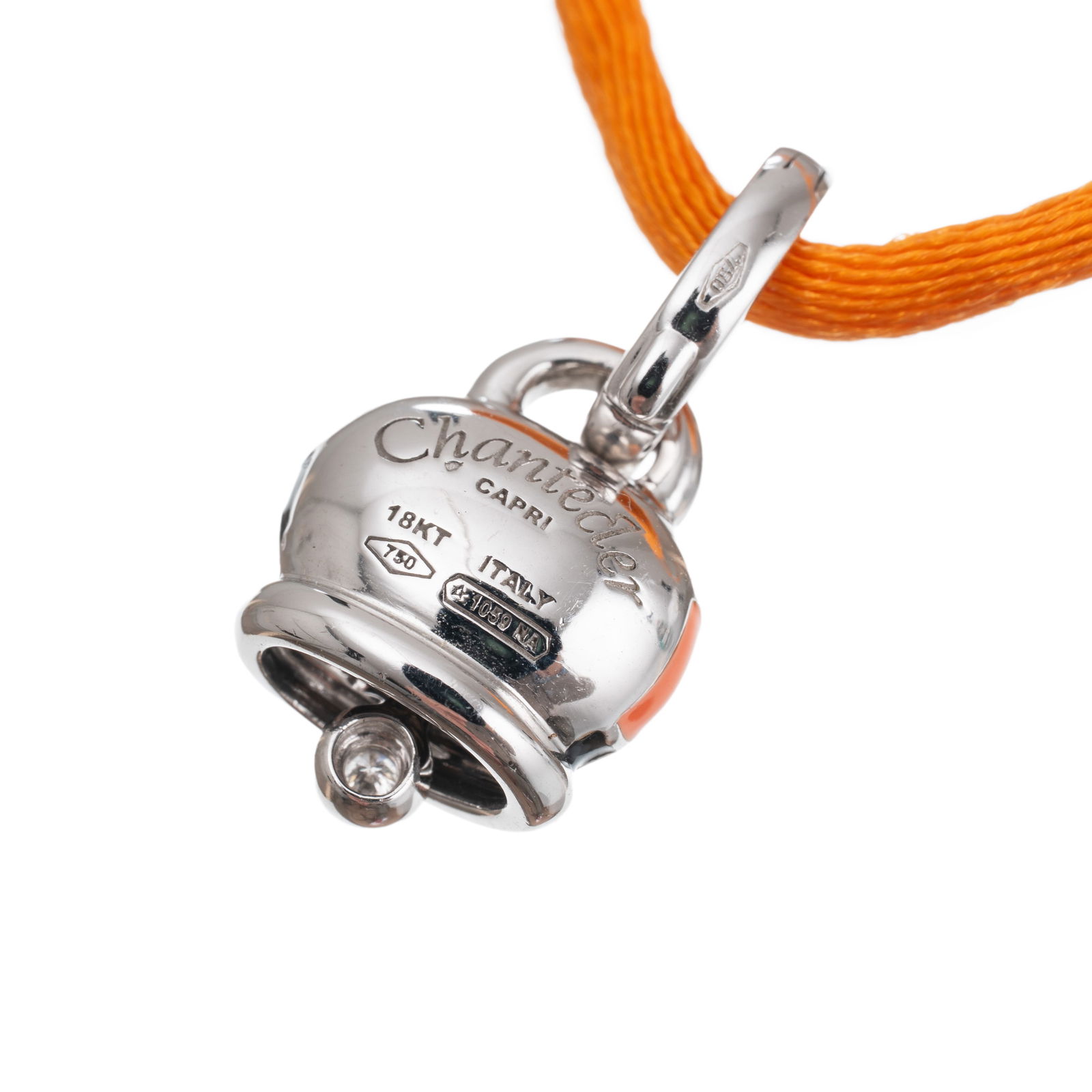 CHANTECLER - WHITE GOLD AND ENAMEL NECKLACE: 18 kt white gold and enamel pendant weight 5.20 g with fabric choker necklace with 18 kt white gold clasp length 40 cm