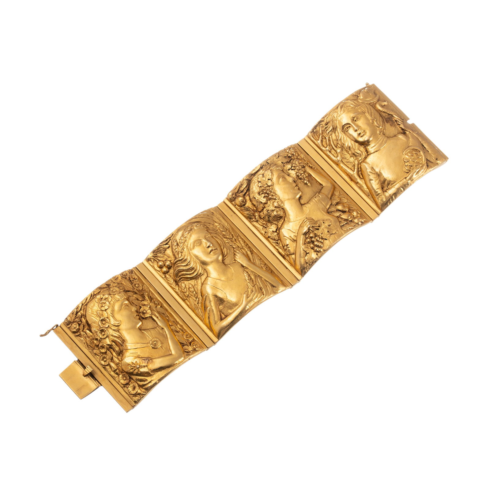 GOLD BRACELET WITH FUSED PLATES: Yellow 18kt gold bracelet with fused elements featuring figures representing the four seasons, length: 17.50 cm, width: 4.88 cm, weight: 198.44 g.