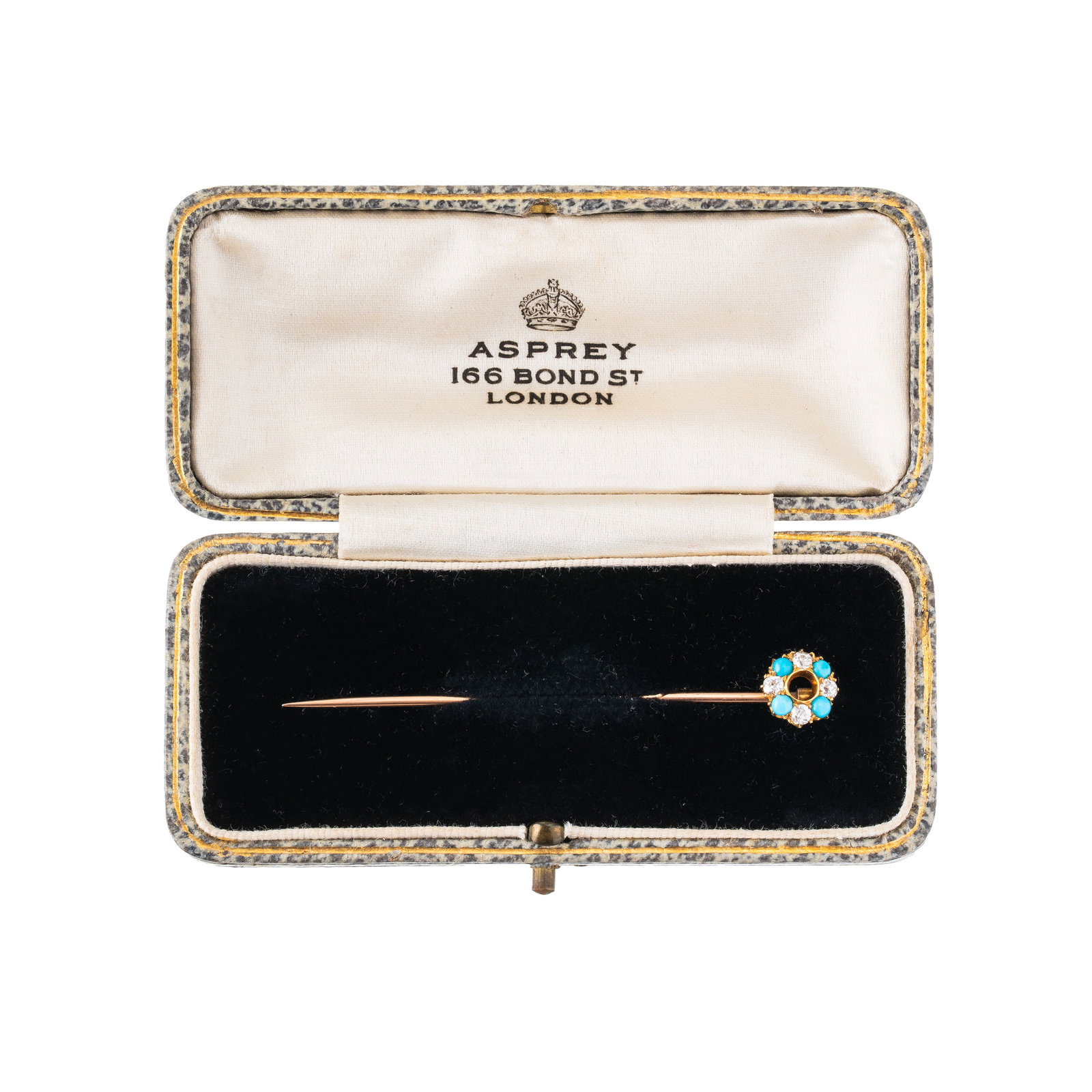 18 KT GOLD BROOCH WITH DIAMONDS AND TURQUOISE: 18-karat gold tie pin with four small turquoise stones and diamonds totaling approximately 0.08 carats. Dimensions: 8.40 x 60 mm weight: 1.80 g.