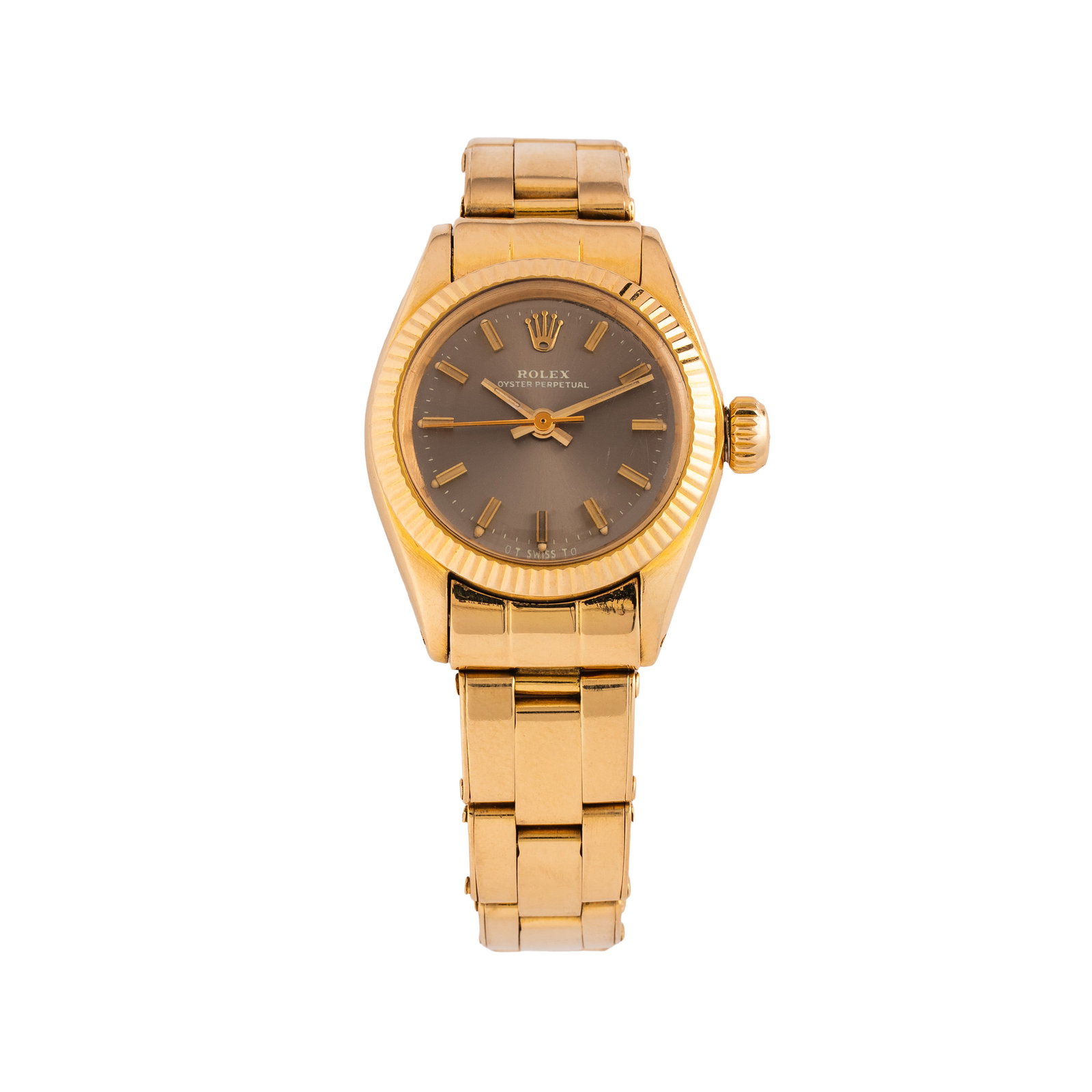 ROLEX – OYSTER PERPETUAL AUTOMATIC TIME-ONLY WATCH IN 18 KT YELLOW GOLD WITH 18 KT YELLOW GOLD: Brand: Rolex Model: Oyster Perpetual Lady Year: 1976 Reference: 6719 Dial: Grey Case N: 3471XXX Movement: Automatic Caliber: Rolex 2030 Material: 18 kt yellow gold Bracelet/Strap: 18 kt yellow gold Si