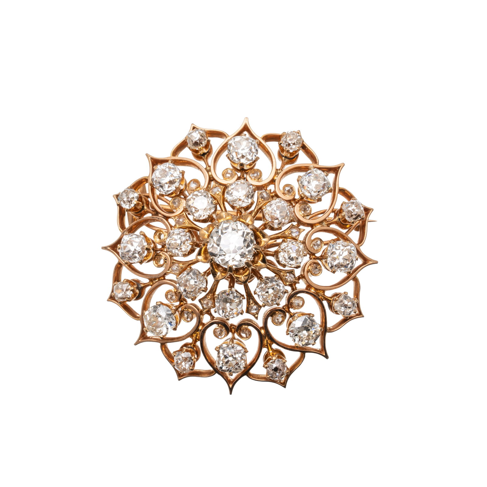 YELLOW GOLD BROOCH WITH BRILLIANT-CUT DIAMONDS: An 18-carat yellow gold brooch featuring a central natural diamond of an estimated 1.90 carats, in an Old Mine Brilliant cut, colour H–I, clarity VS1, surrounded by twenty-four natural diamonds in a