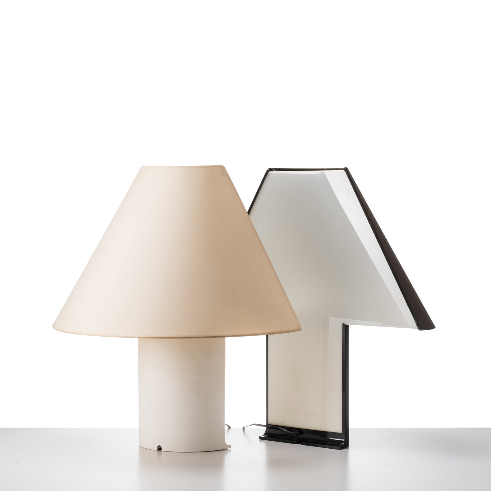 MARIO BARBAGLIA AND MARCO COLOMBO \“EDIPO\?? TABLE LAMP SET: Metal plexiglass and fabric manufactured by PAF Italy 1980s manufacturer's mark on the base
