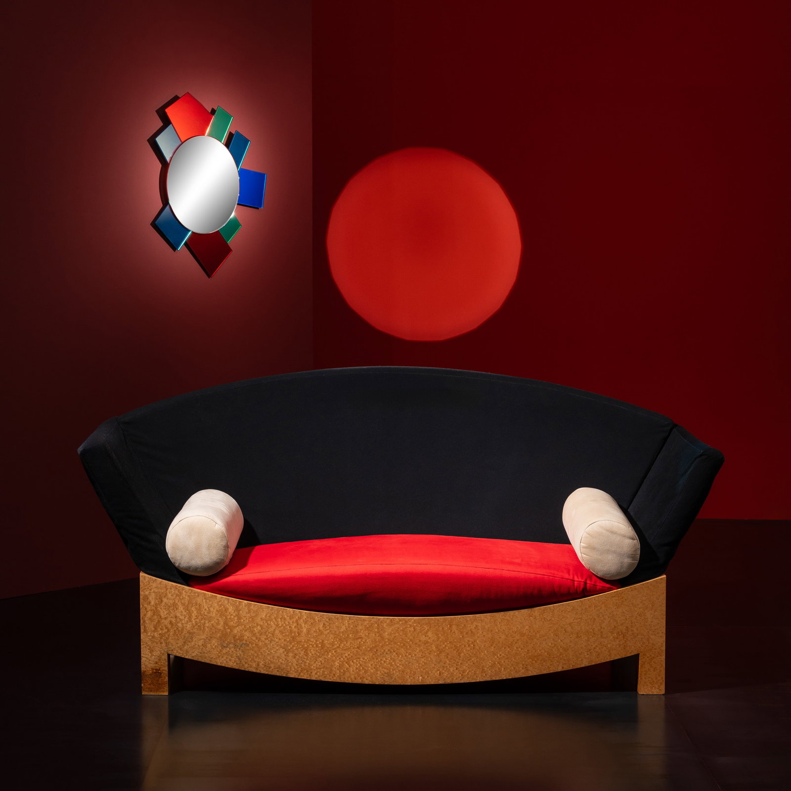 HANS HOLLEIN DIVANO 'MITZI': Walnut wood and fabric manufactured by Poltronova Italy designed in 1981 97 x 200 x 100 cm manufacturer's mark on the underside